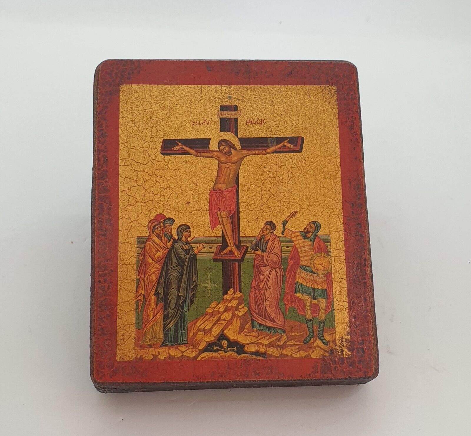 A Timeless Masterpiece: An Old Handmade Wooden Icon of the Crucifixion of Christ