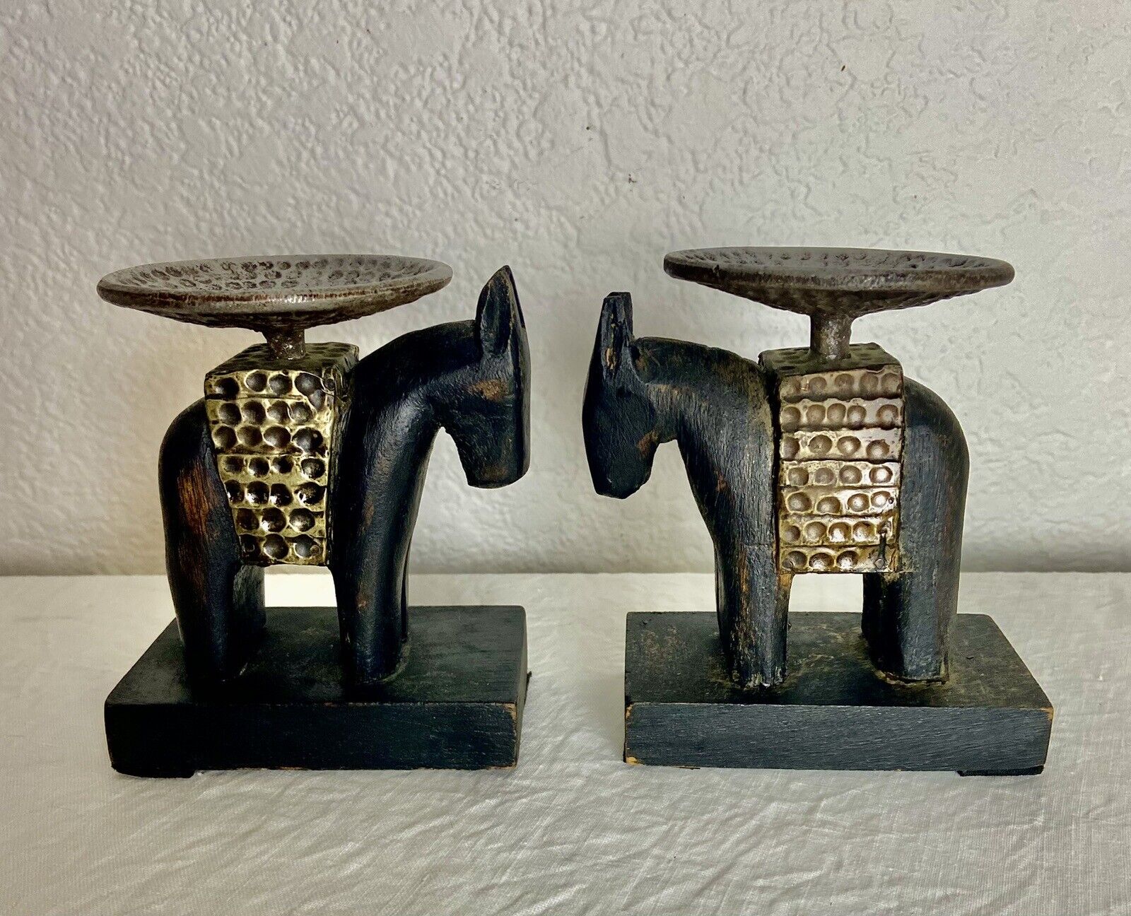 Pair Of Vtg Handmade Mexican Carved Wooden Donkey Candle Holders Southwestern