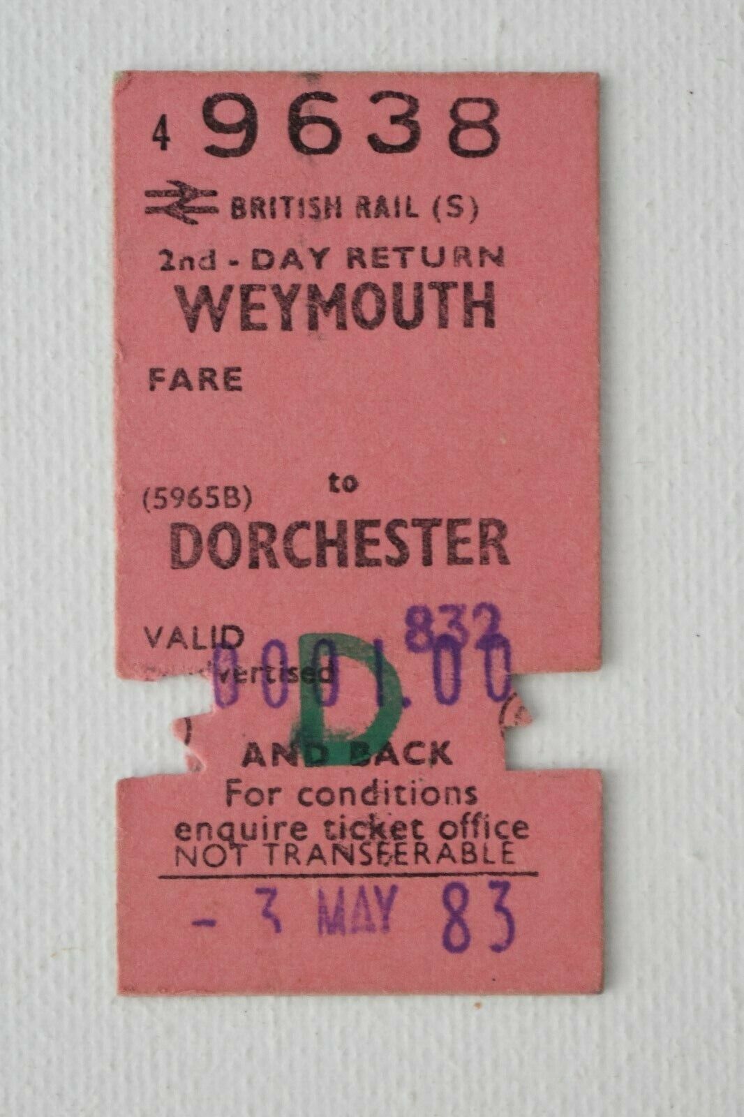 Railway Ticket WEYMOUTH to DORCHESTER 1983 No. 9638