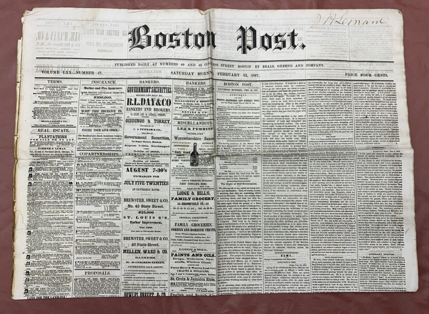 Antique Boston Post Newspaper February 23, 1867 Volume LXX.... Number 47