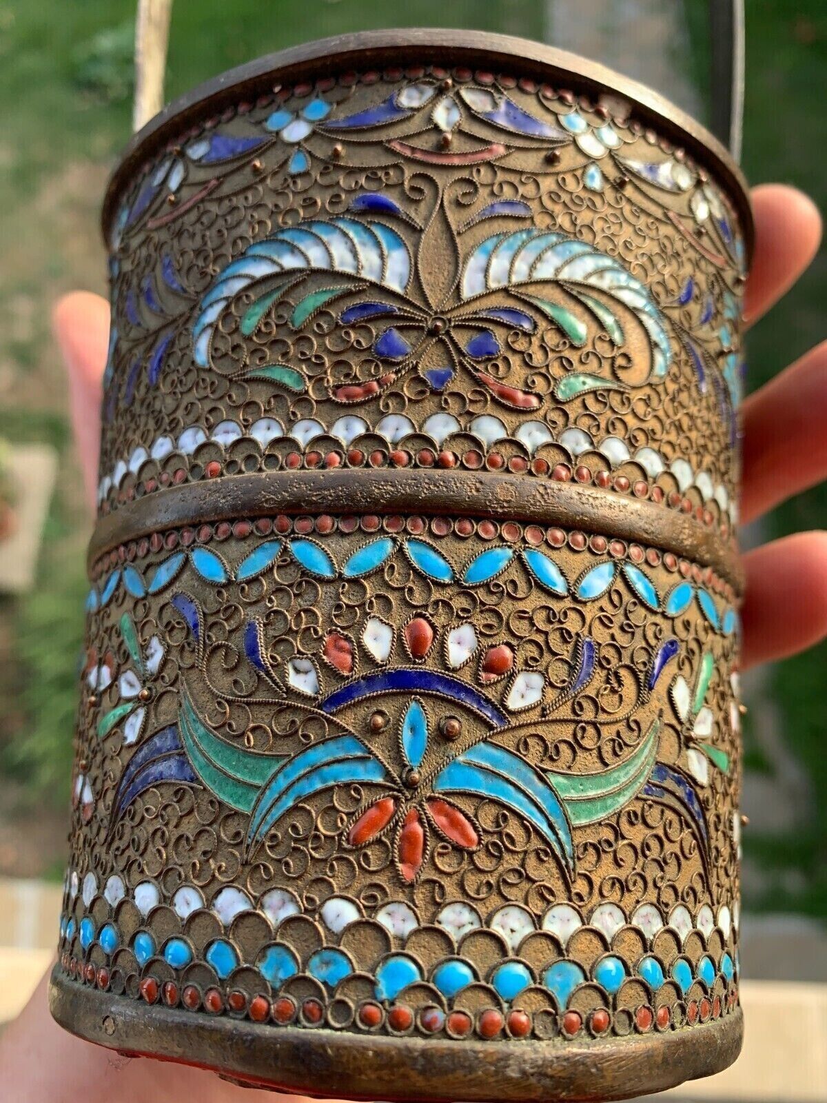 Antique Russian Empire Brass Cloisonne Enamel Bucket