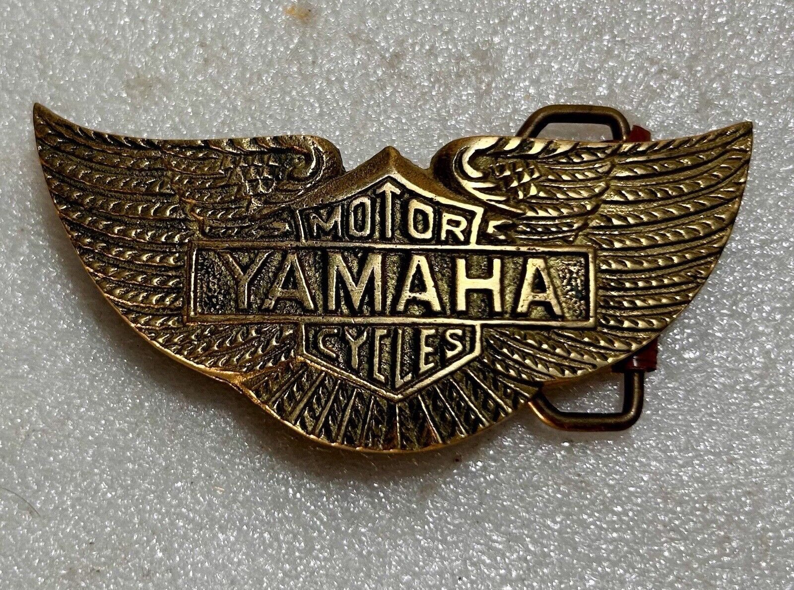 Vintage Yamaha Brass Belt Buckle Motor Cycles Eagle Flag USA Biker Carnival Club