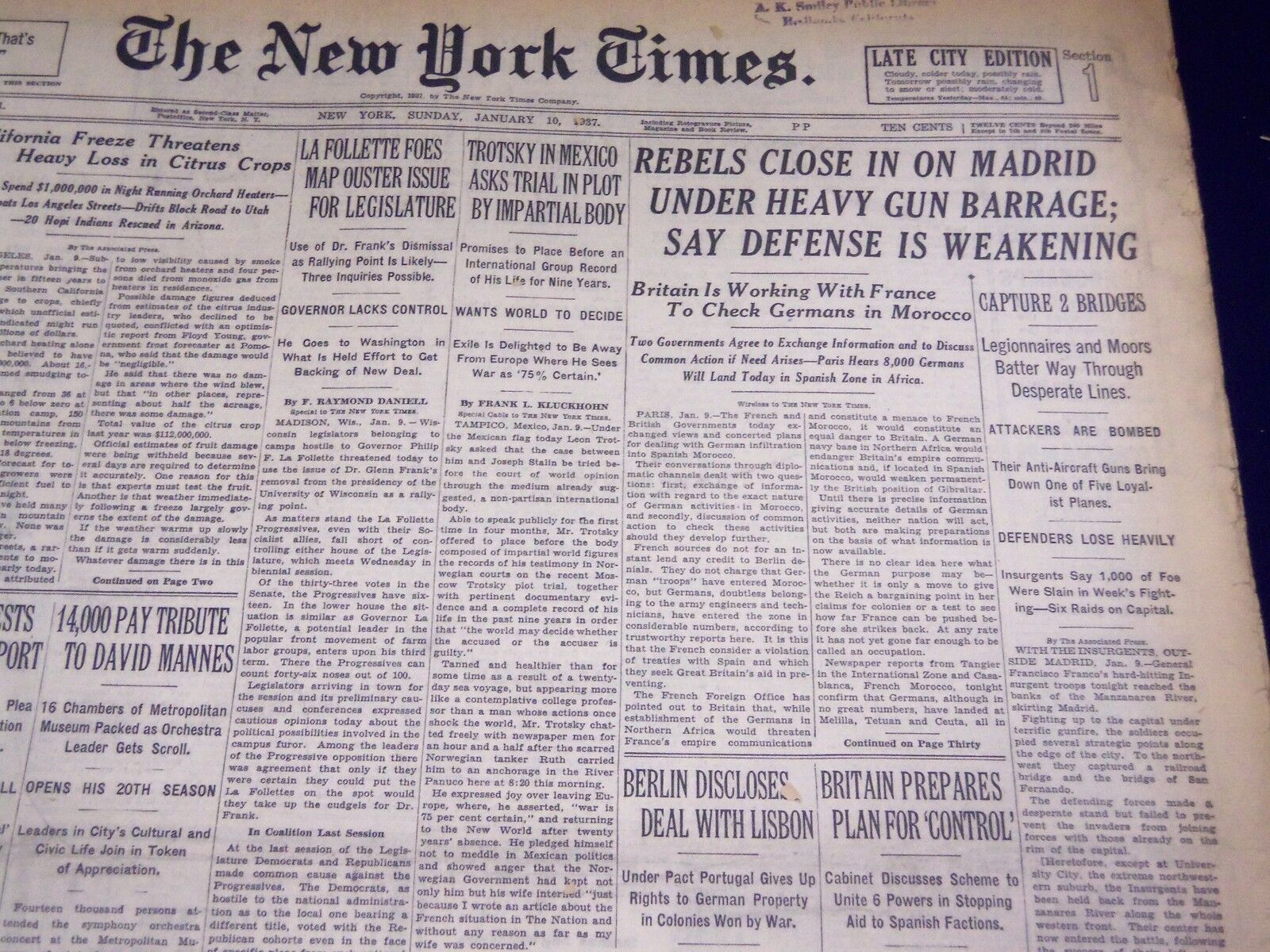 1937 JANUARY 10 NEW YORK TIMES - REBELS CLOSE IN ON MADRID - NT 3094