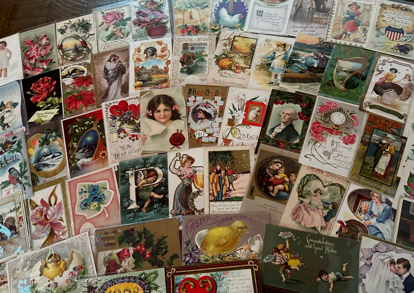 Nice Lot of 65~Mixed Vintage Antique Holidays Greeting Postcards~in sleeves-k517