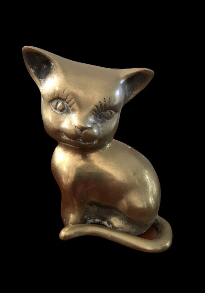 VINTAGE Mid Century Smiling Sitting Kitty Cat Brass Metal Statute Figurine  6”