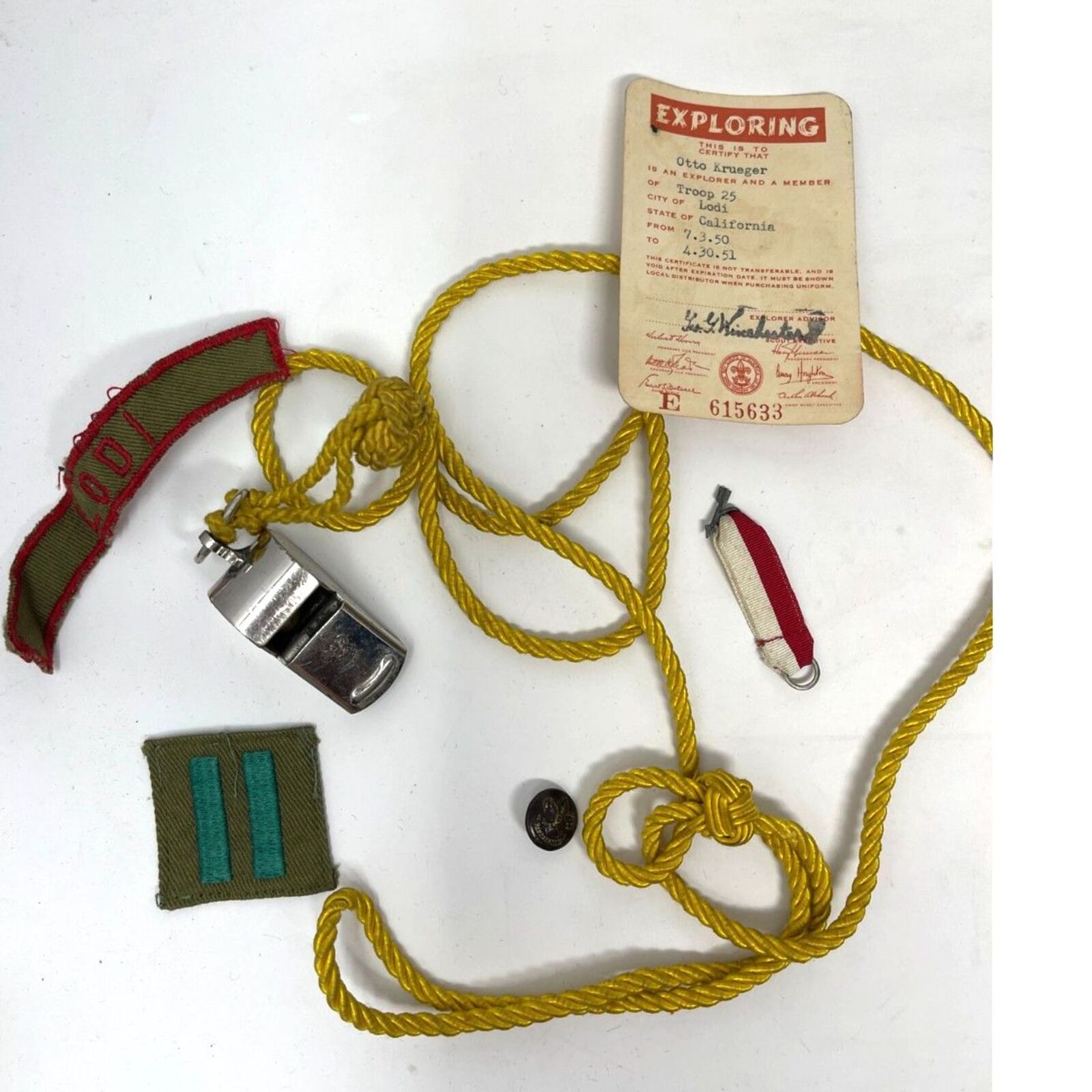 Vintage 1950s Boy Scouts Lot: Whistle, Patches, Exploring Card & Button 