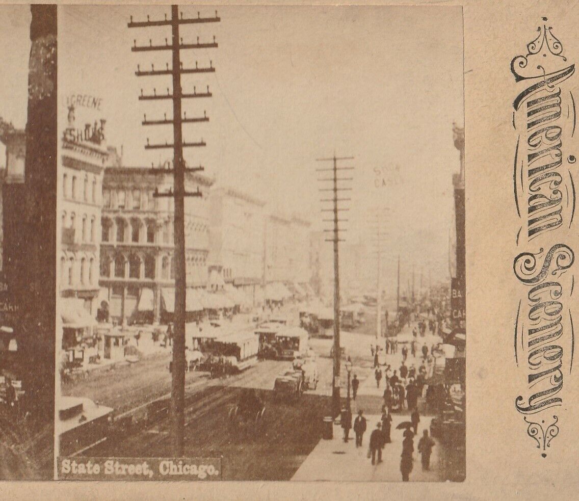 C.1880s Chicago State Street. Horse Drawn Carriage. Trolley Streetcar Card