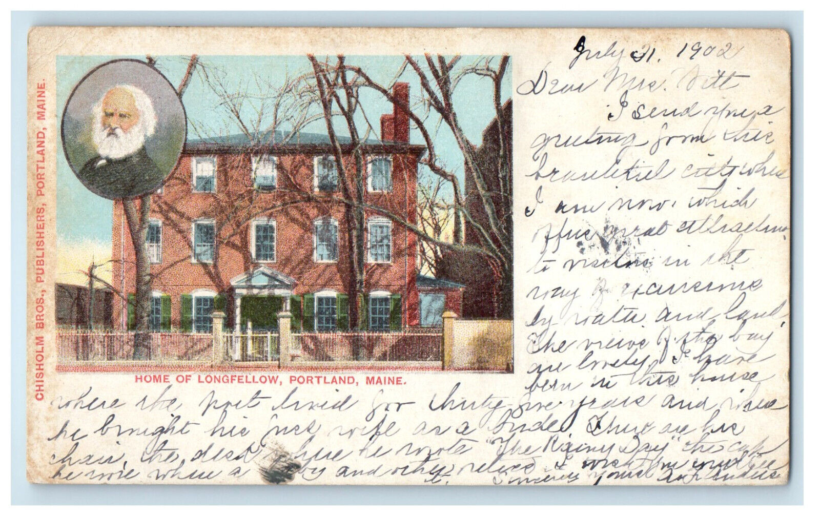 1902 Home of Longfellow Portland Maine ME Lynchburg VA PMC Posted Postcard