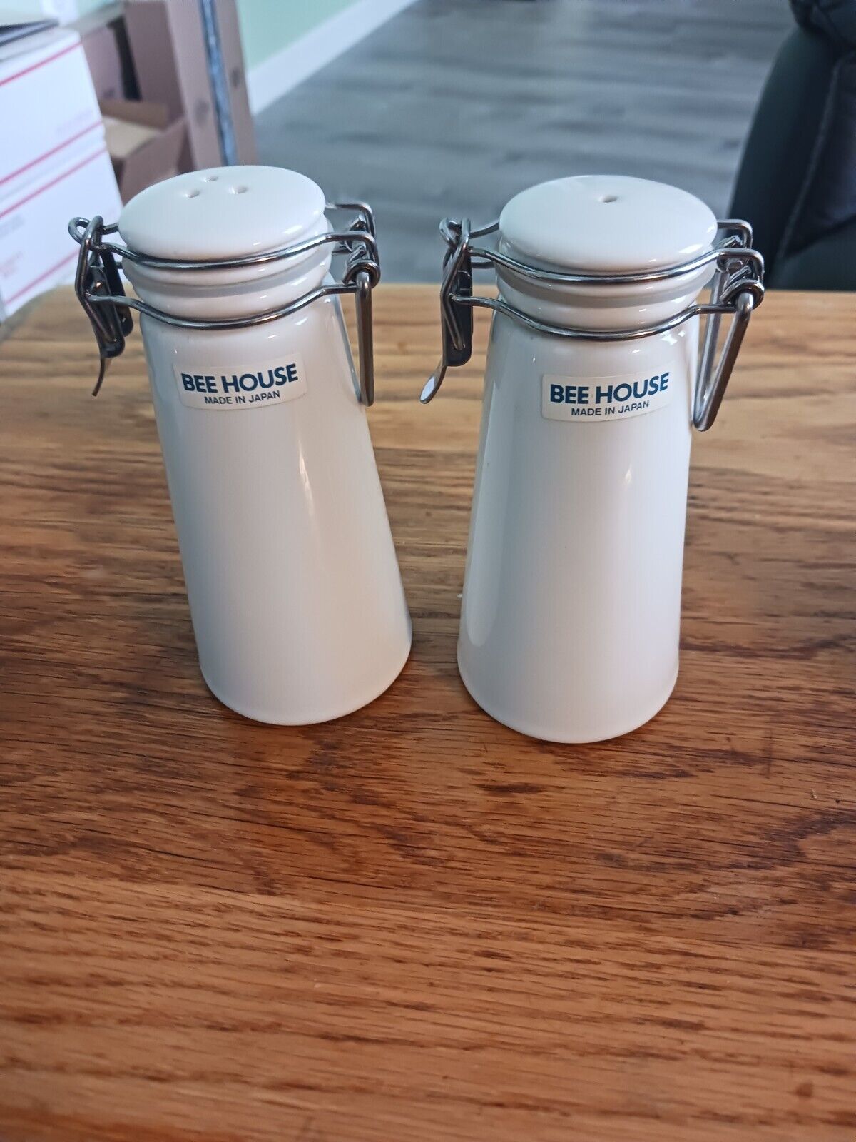 Vintage Wall Mounted white Salt & Pepper Shakers, With Hinged Bale Lids