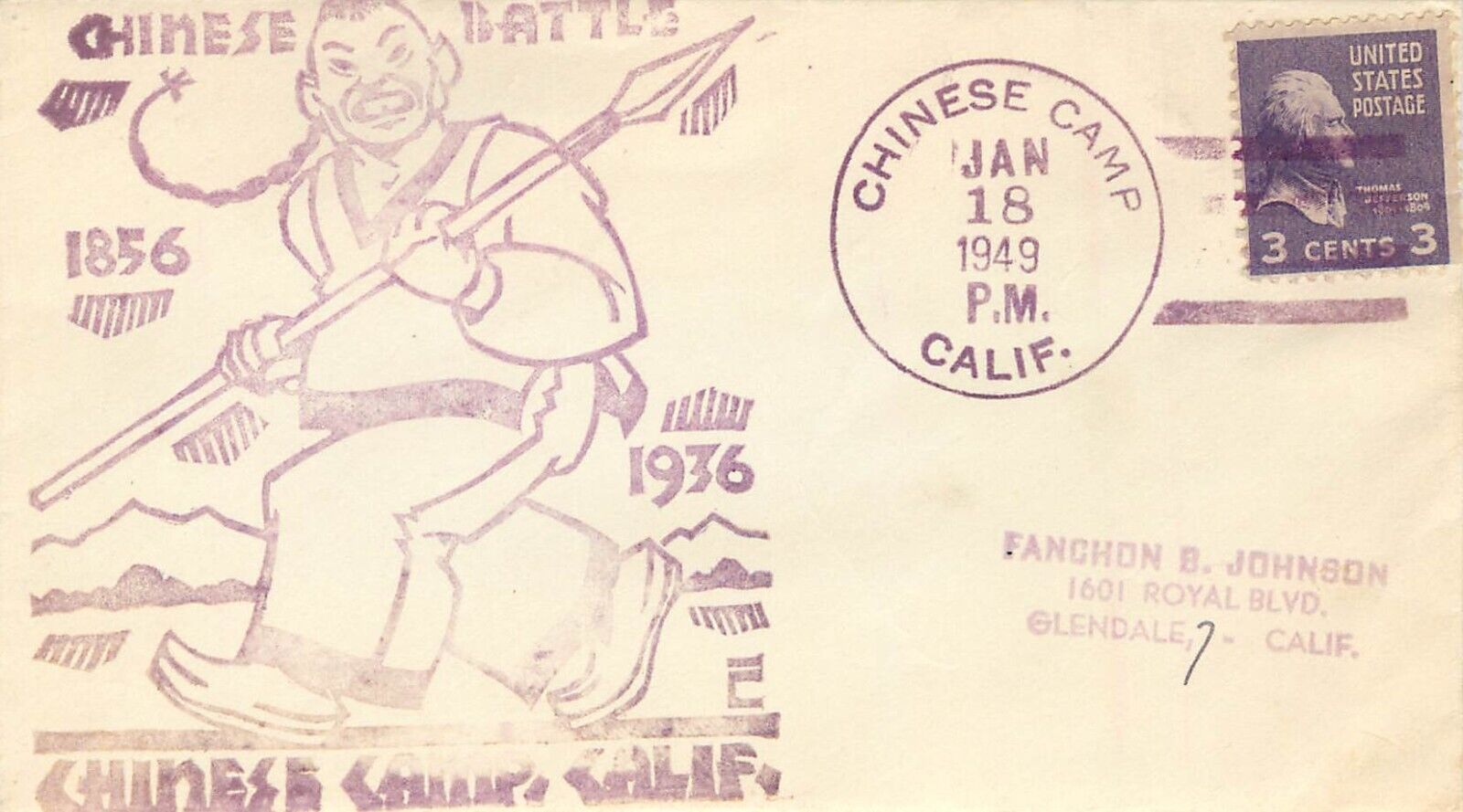 1949 Postal Cover Chinese Camp CA Commemorative Of Chinese Battle 1856