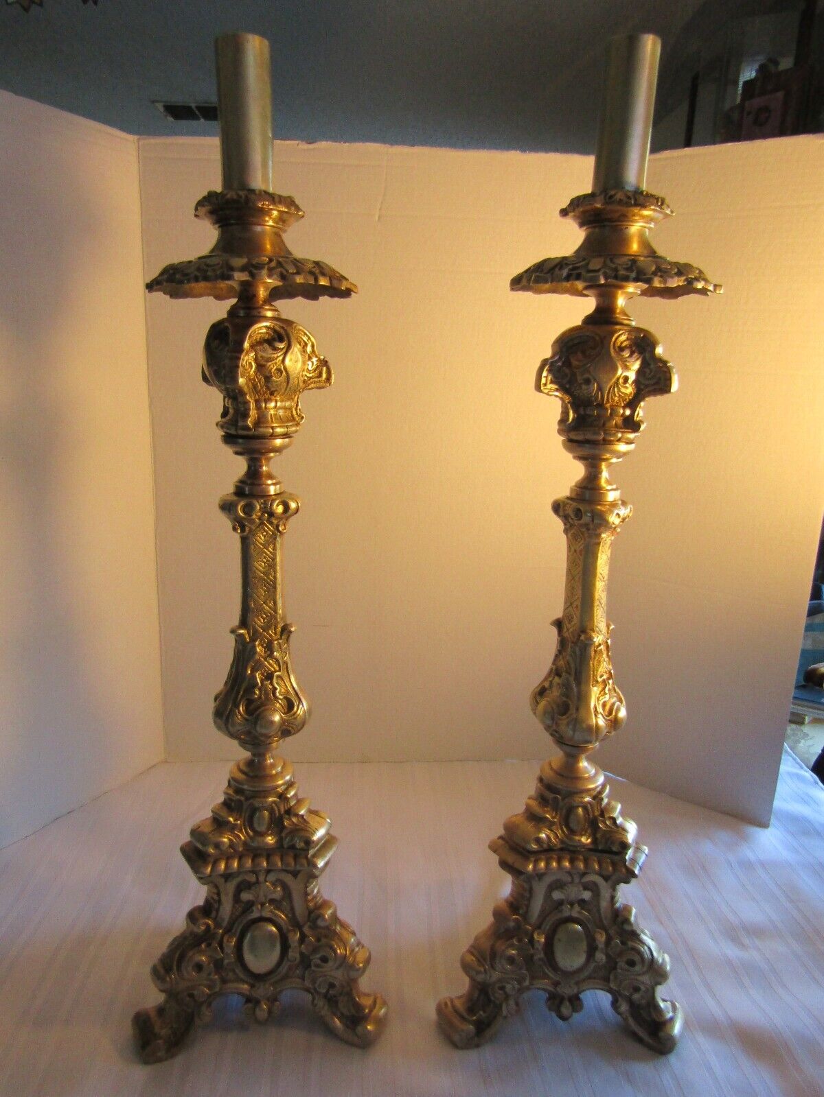 ANTIQUE FRENCH PAIRLARGE BAROQUE ALTARCHURCH CANDLE STICKS26TALL LATE 1800