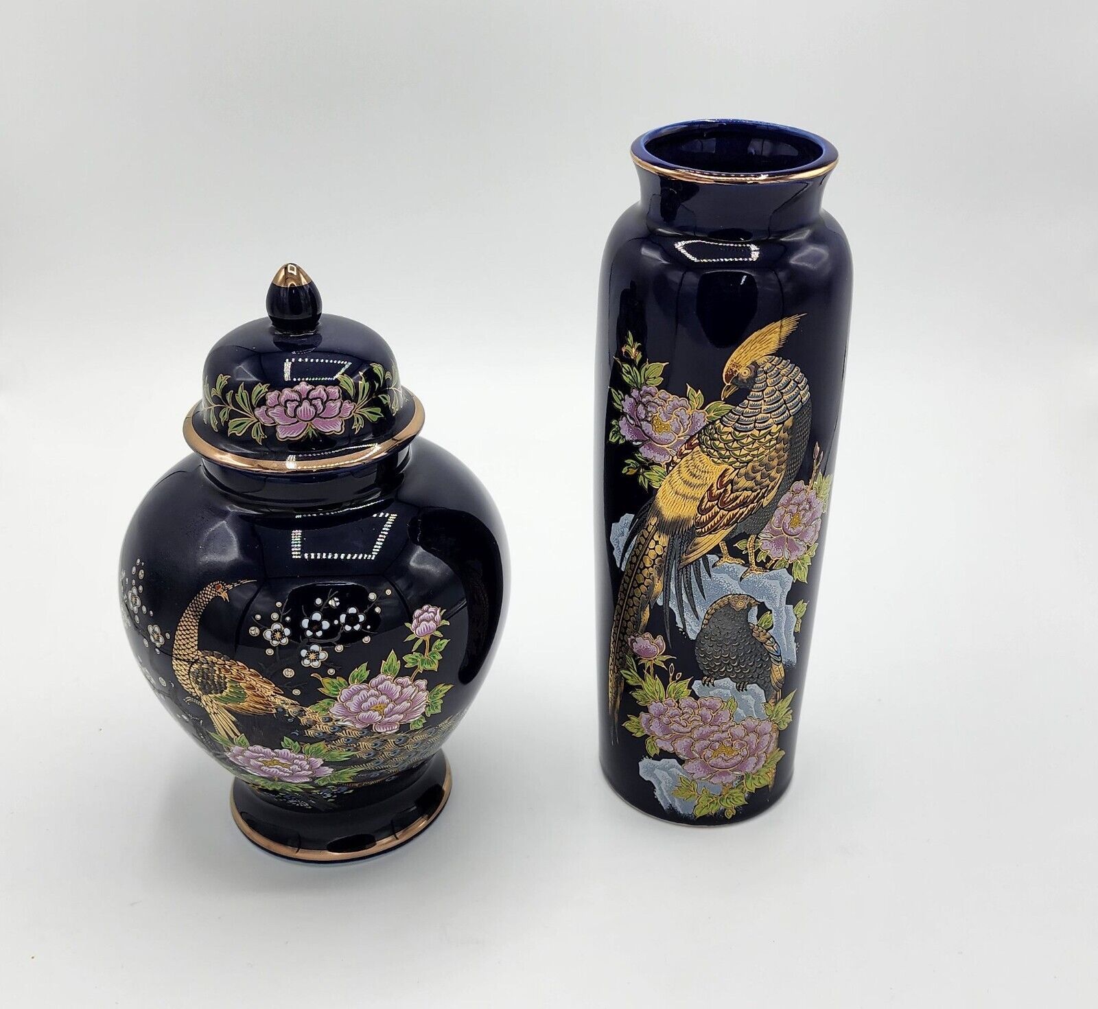 Vintage Kutani Japan Ginger Jar & Vase, Cobalt Blue & Gold w Peacock Pheasant