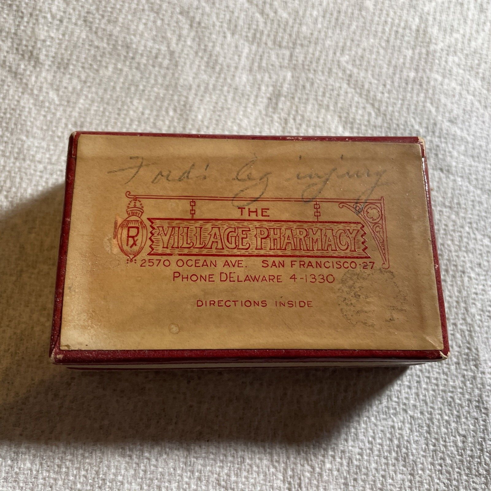 VILLAGE Pharmacy, SAN FRANCISCO, CA Pharmacists RX Pill Box Drug Cardboard 1954