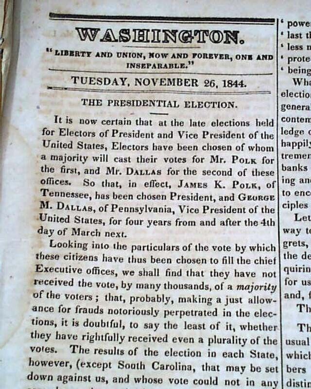 JAMES K. POLK 11th President of the United States Election Win 1844 DC Newspaper