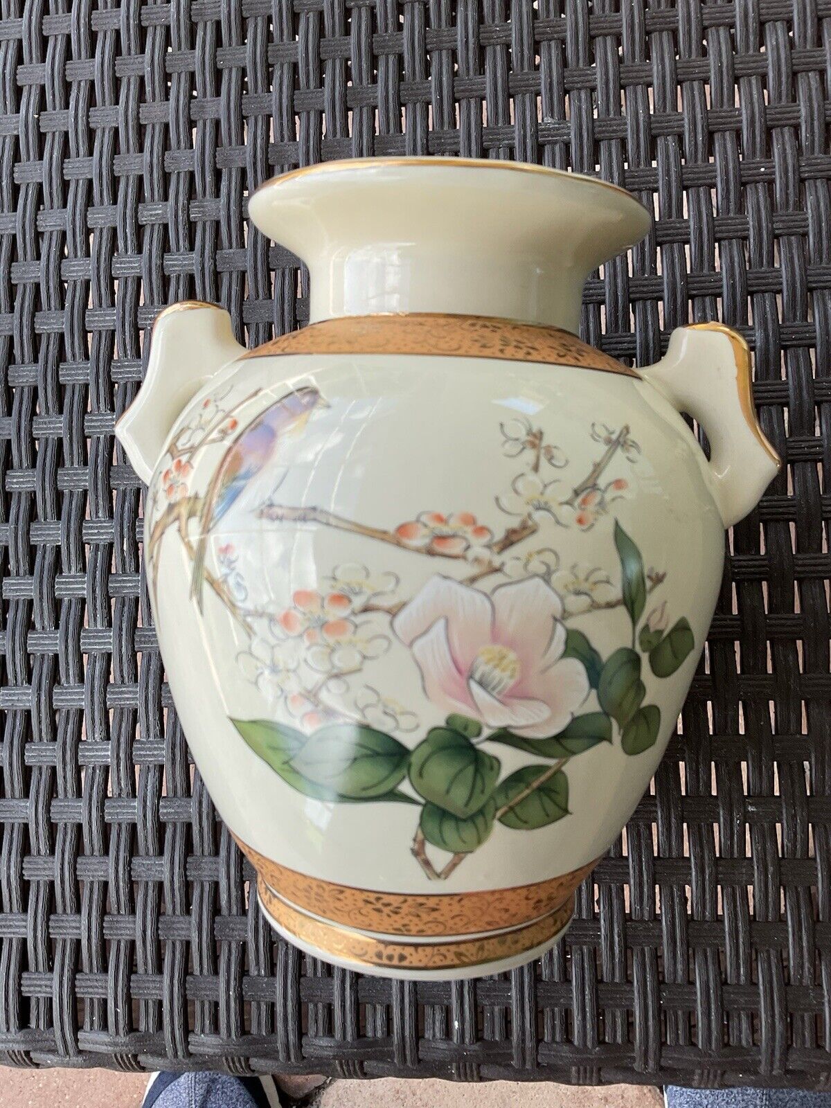 Vintage Japanese Porcelain Bird & Flowers Hand Painted Vase
