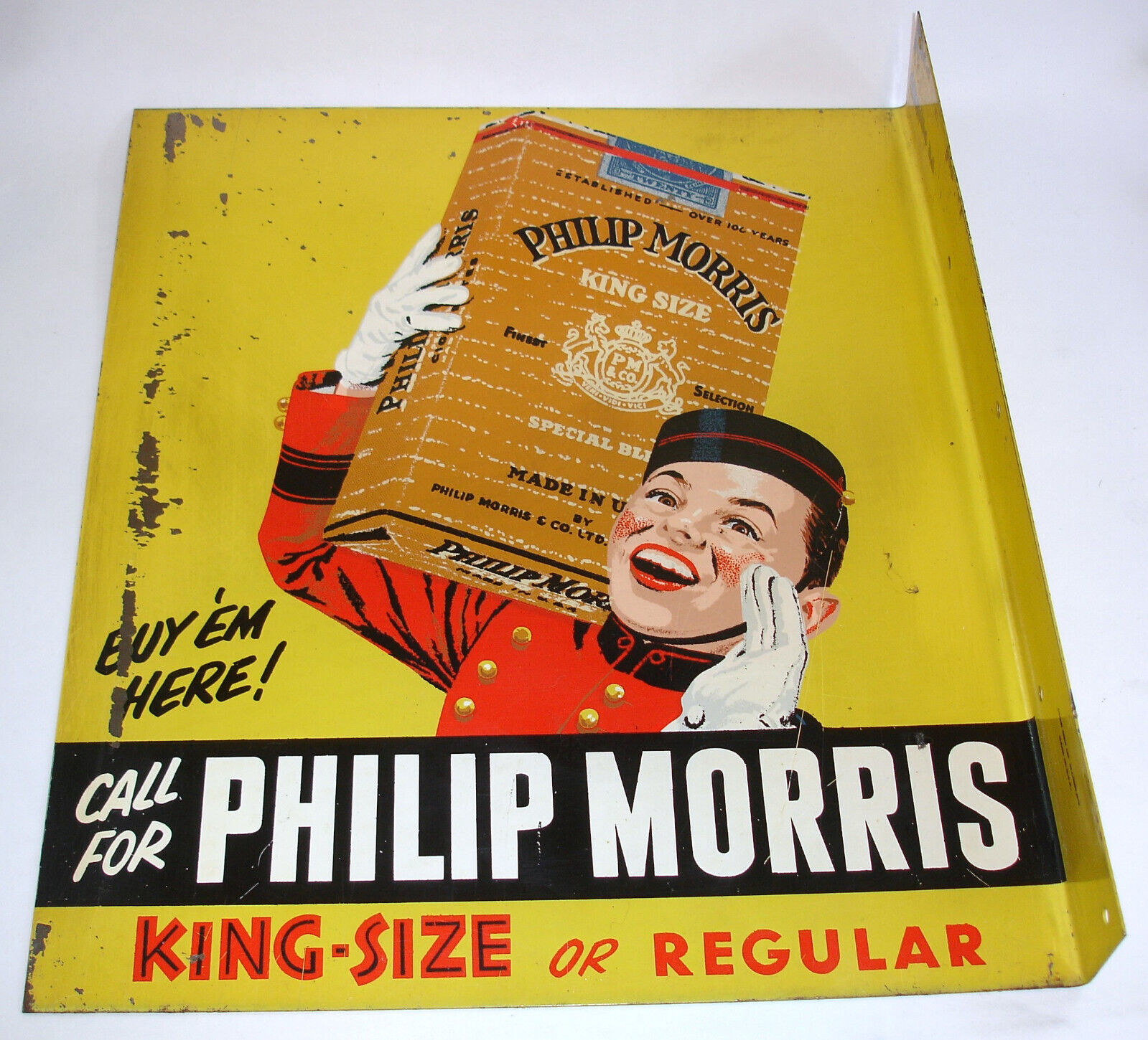 Vintage Call for PHILIP MORRIS Cigarette Flange STOUT Sign CO JOHNNY ROVENTINI