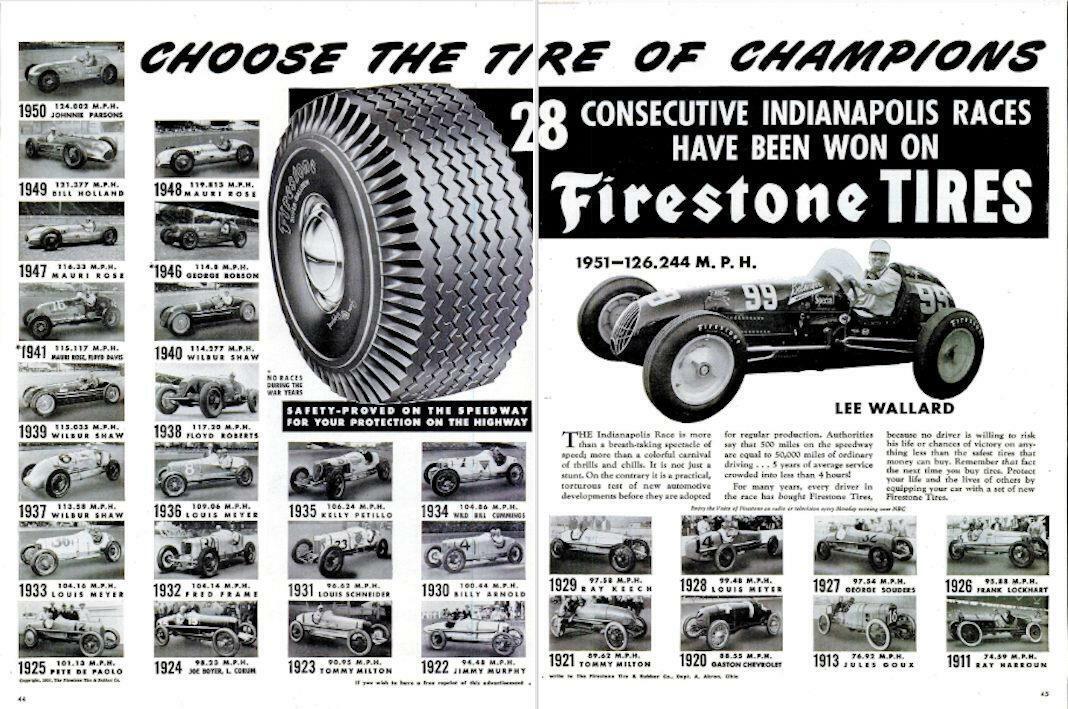 1951 Firestone tires PRINT AD Indy Winners 1922-1950