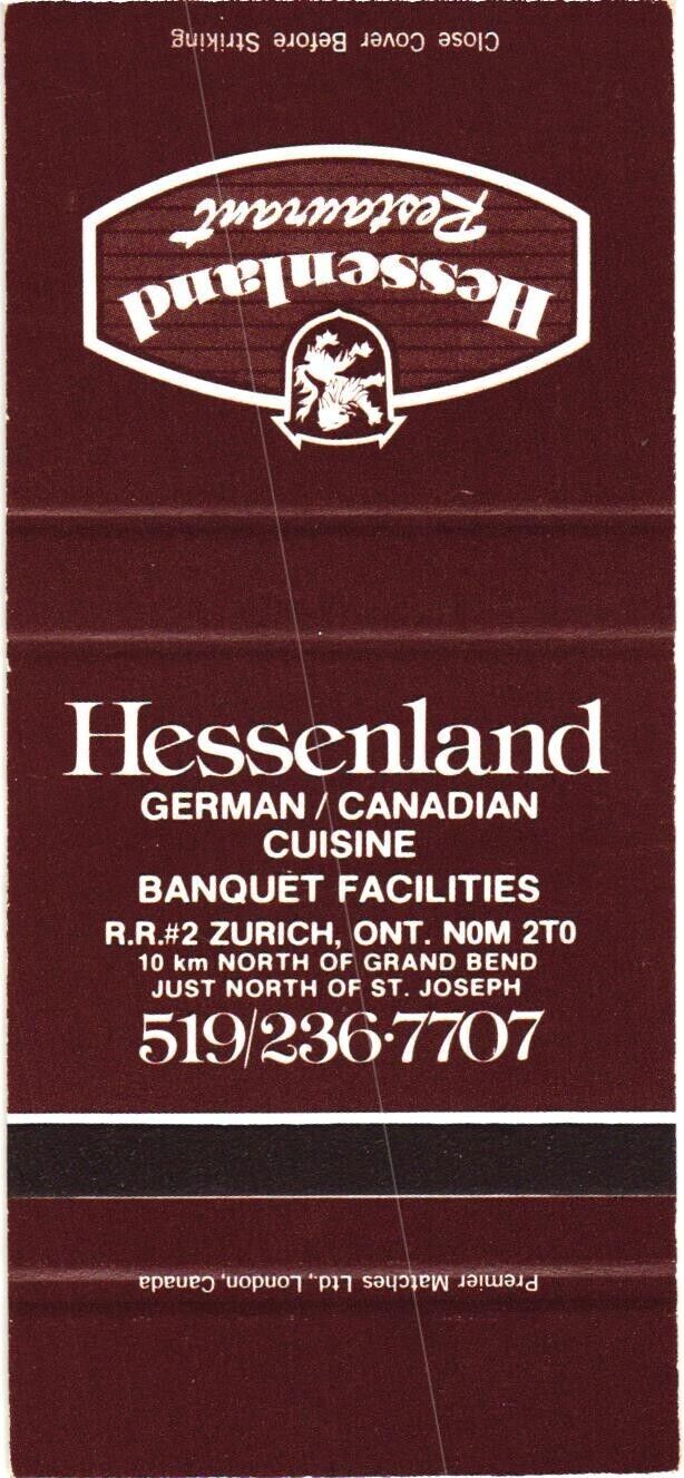 Zurich Ontario Hessenland German Canadian Cuisine Vintage Matchbook Cover