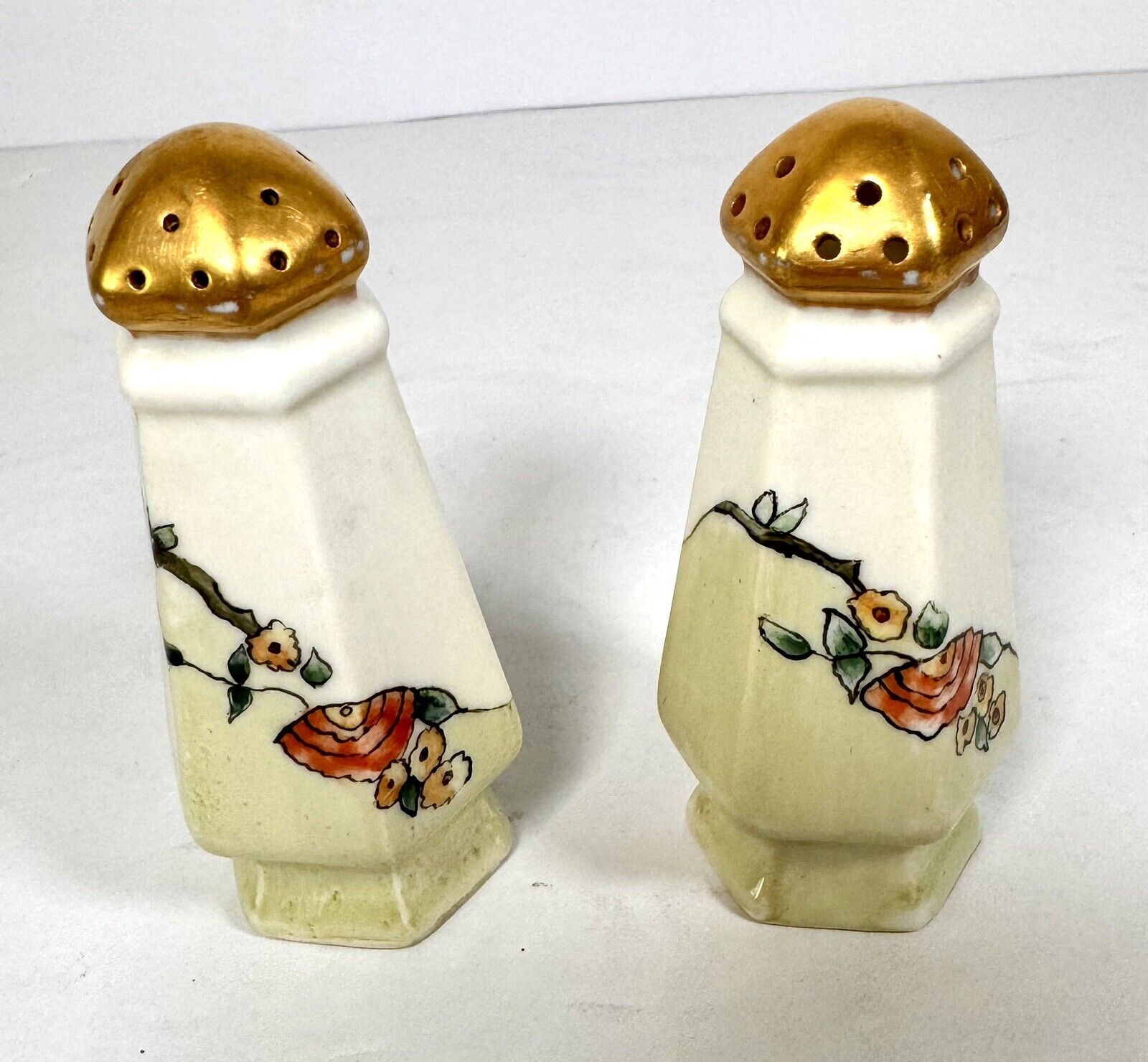 Pair of Vintage Bavarian Floral Salt and Pepper Shakers Hand Painted Gold Tops