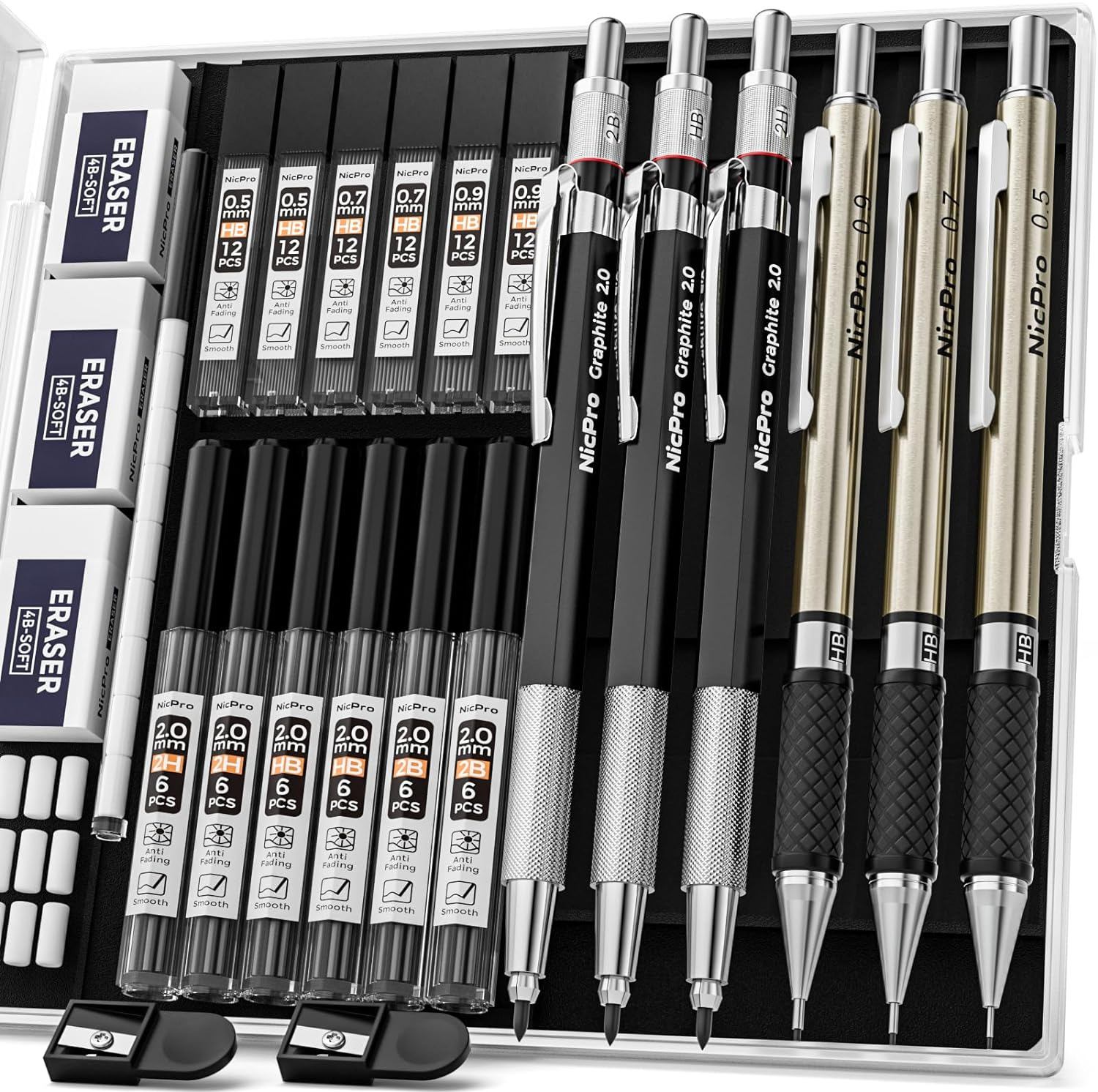 6PCS Art Mechanical Pencil Set, 3PCS Metal Drafting Pencil 0.5 Mm & 0.7 Mm & 0.9