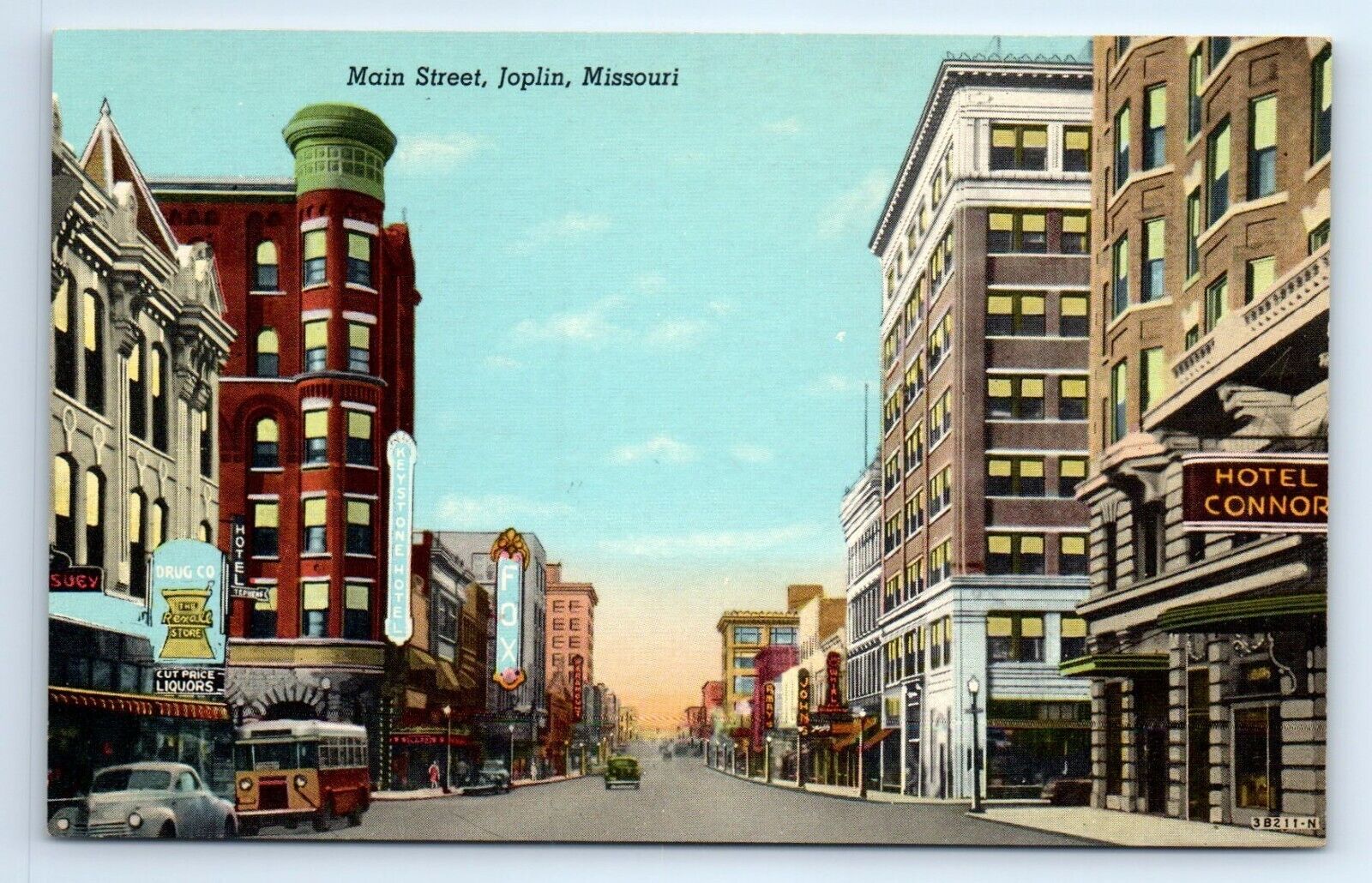 Joplin Missouri MO Main Street Hotel Connor Rexall Drug Linen Postcard c.1945