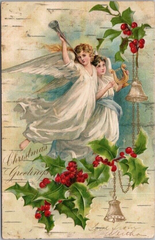 1907 CHRISTMAS Embossed Postcard Flying Angels / Horn & Harp / Bells & Holly