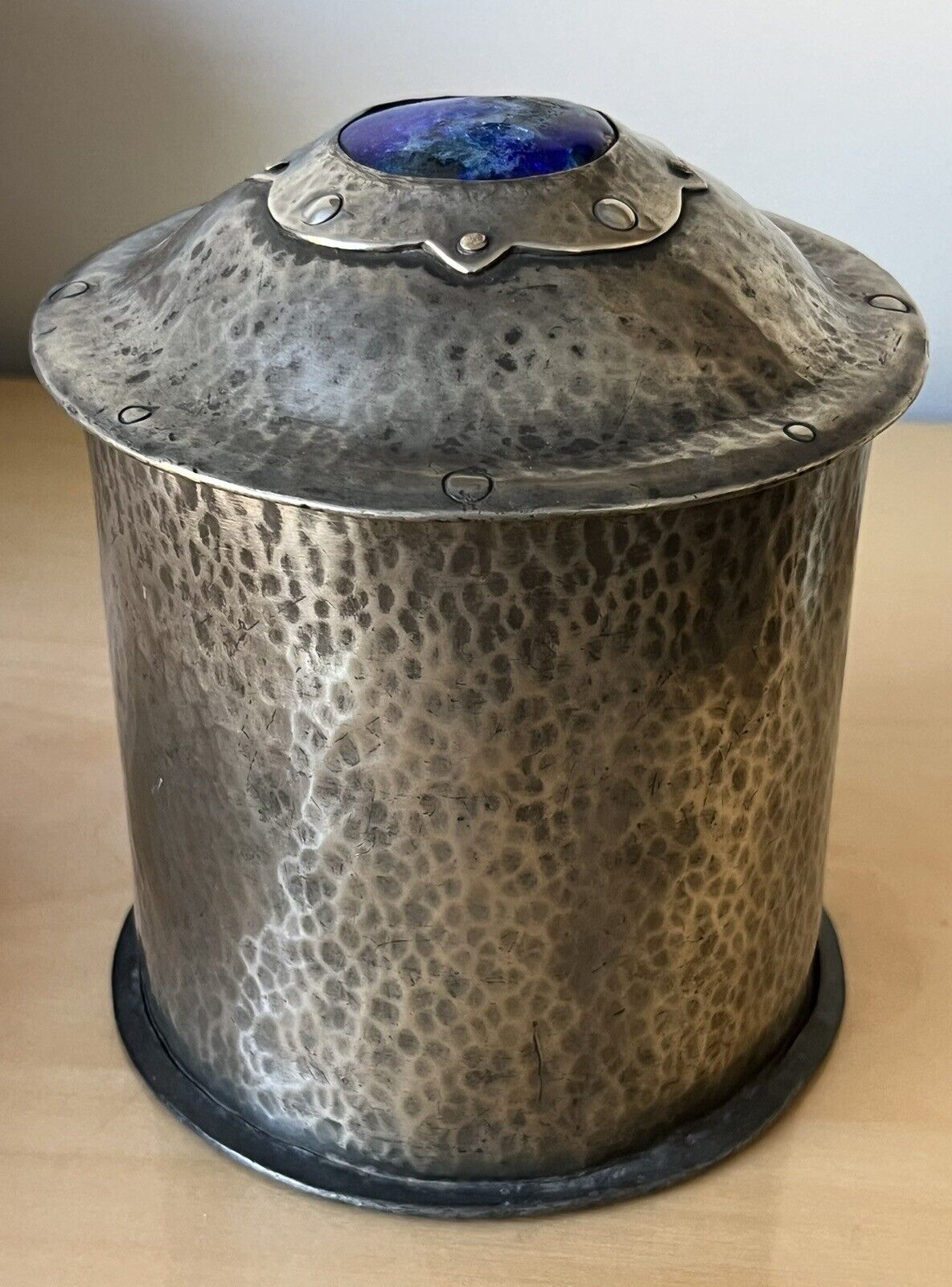 English Arts Crafts Hammered Pewter Tea Caddy Container Box Enamel Arts Crafts