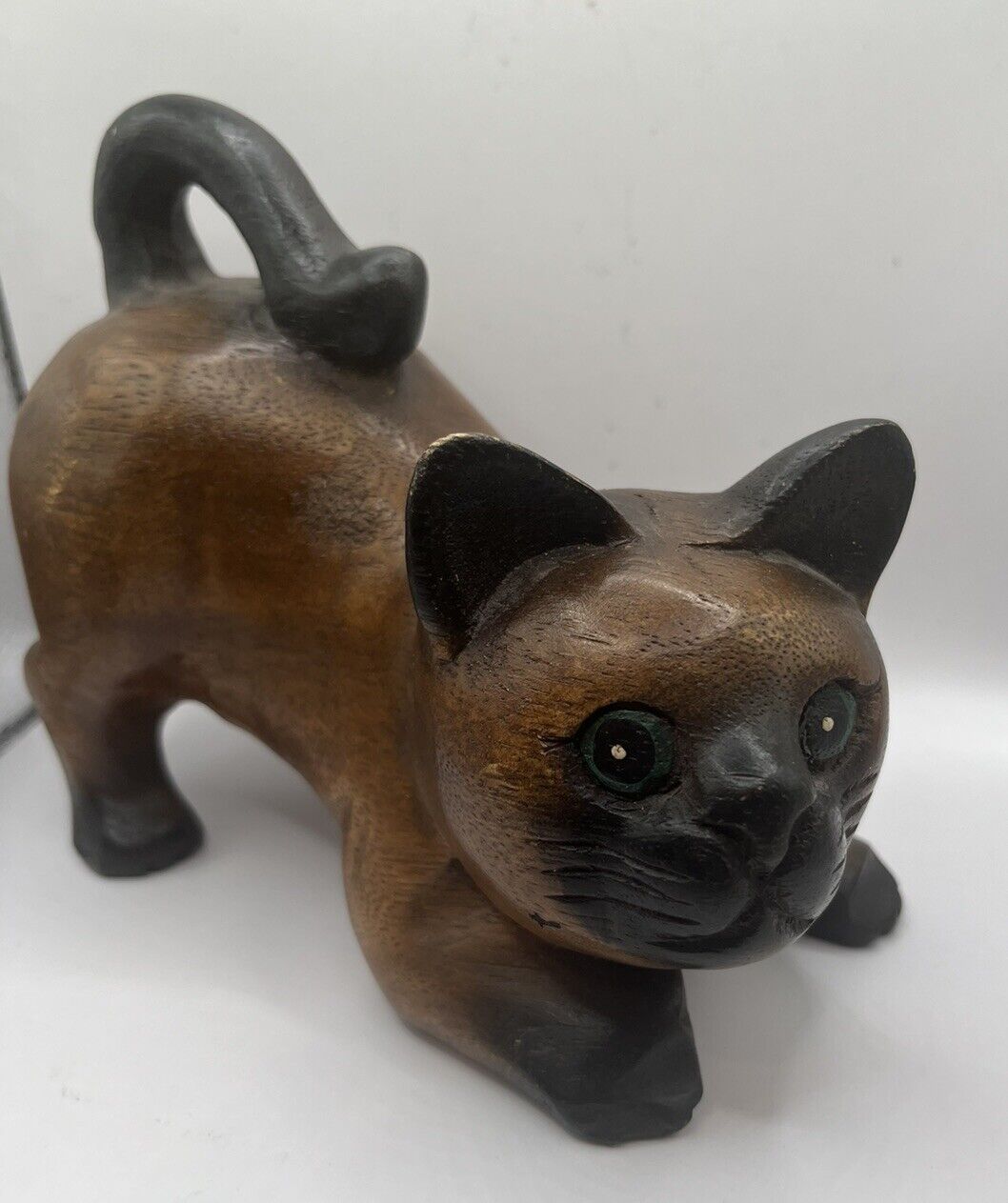 Vintage Wooden Cat Hand Carved Playful Kitty Green Eyes MCM