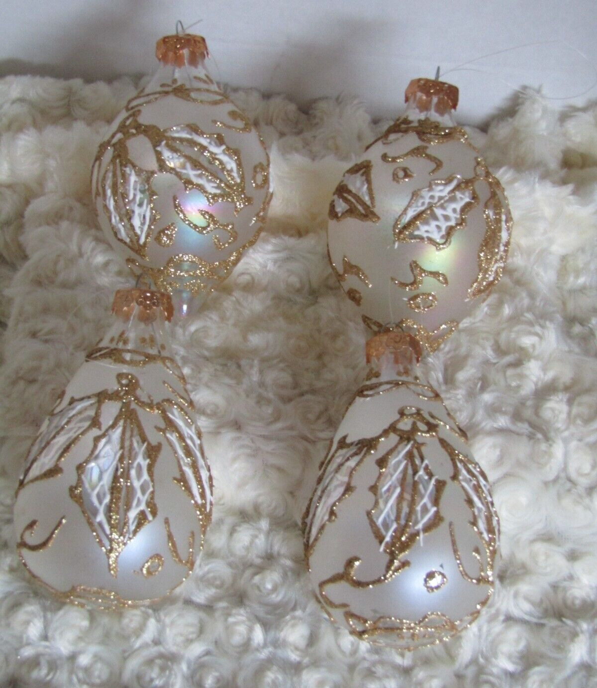 Set of 4 Gold Glittered relief fancy embellished Frosted teardrop glass ornament