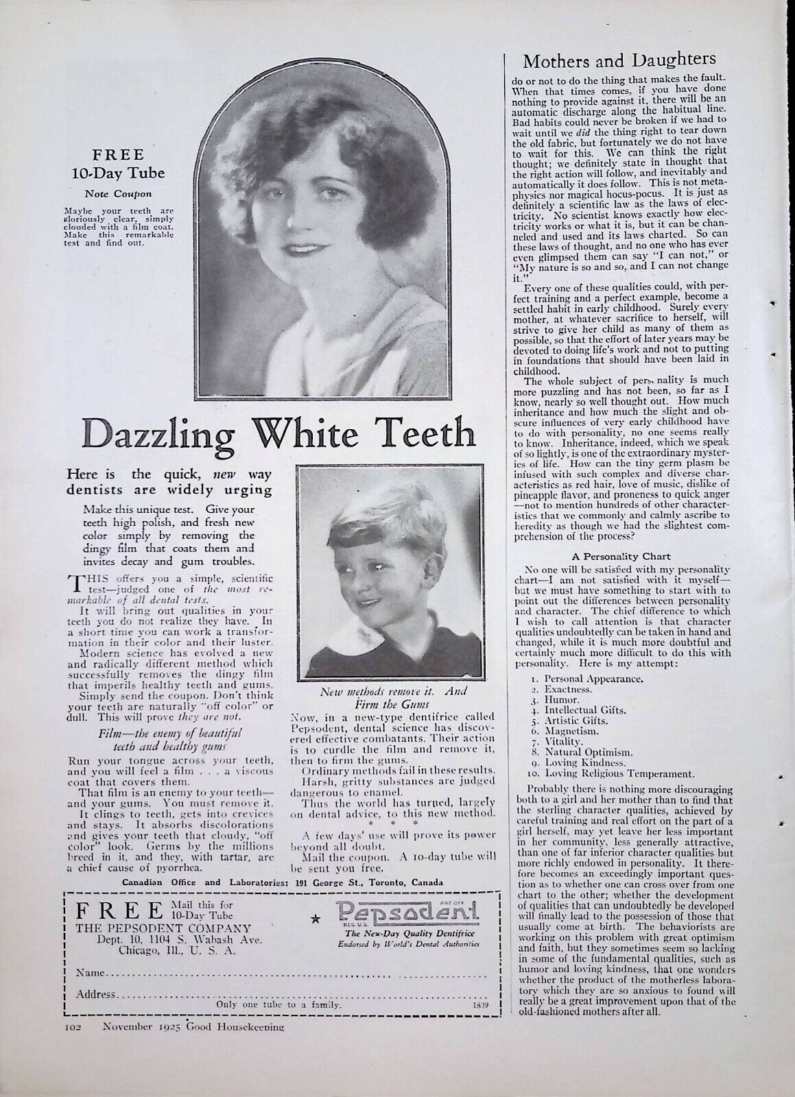 Pepsodent Advertising Print Ad Good Housekeeping Magazine November 1925 