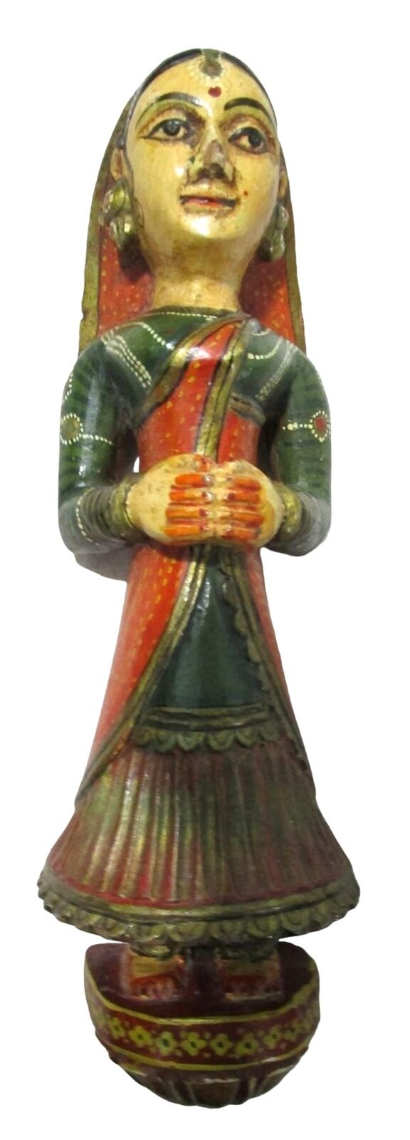 Vintage Painted Carved Wood Indian Woman Fold Hand Traditional Rajasthani Dress