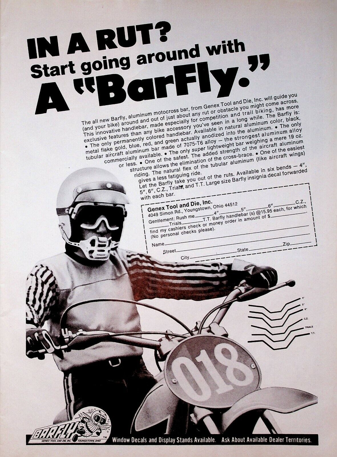 1975 Barfly Motocross Bar Genex Tool & Die Youngstown OH - Vintage Motorcycle Ad