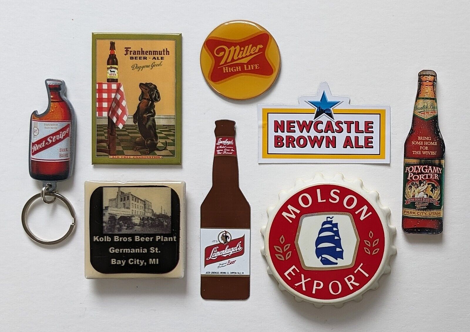 Lot 8 Beer Fridge Magnets Openers Molson Miller Newcastle Kolb Frankenmuth Etc.