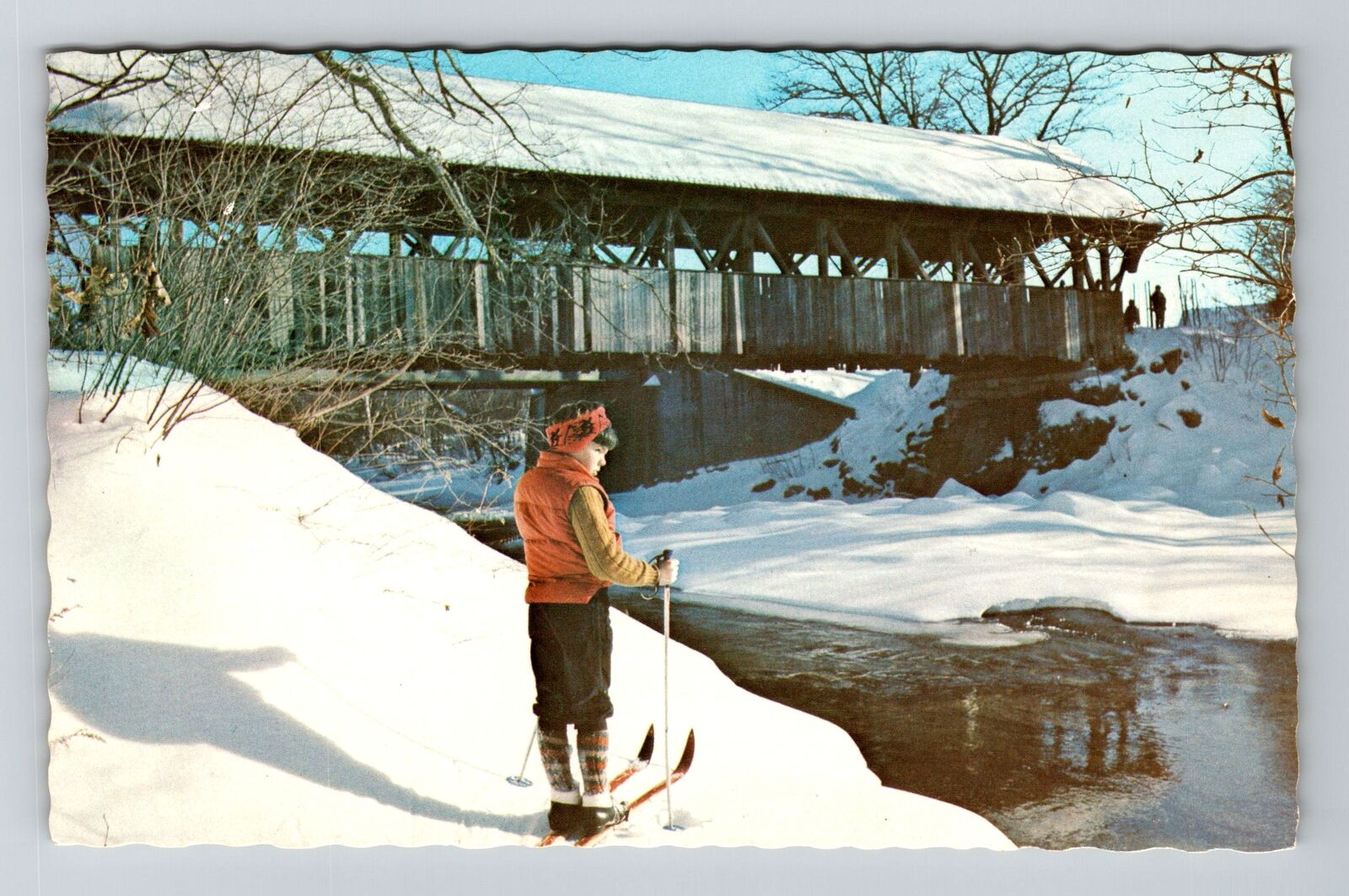 Newry ME-Maine, Sunday River, Child skiing by River, Vintage Postcard