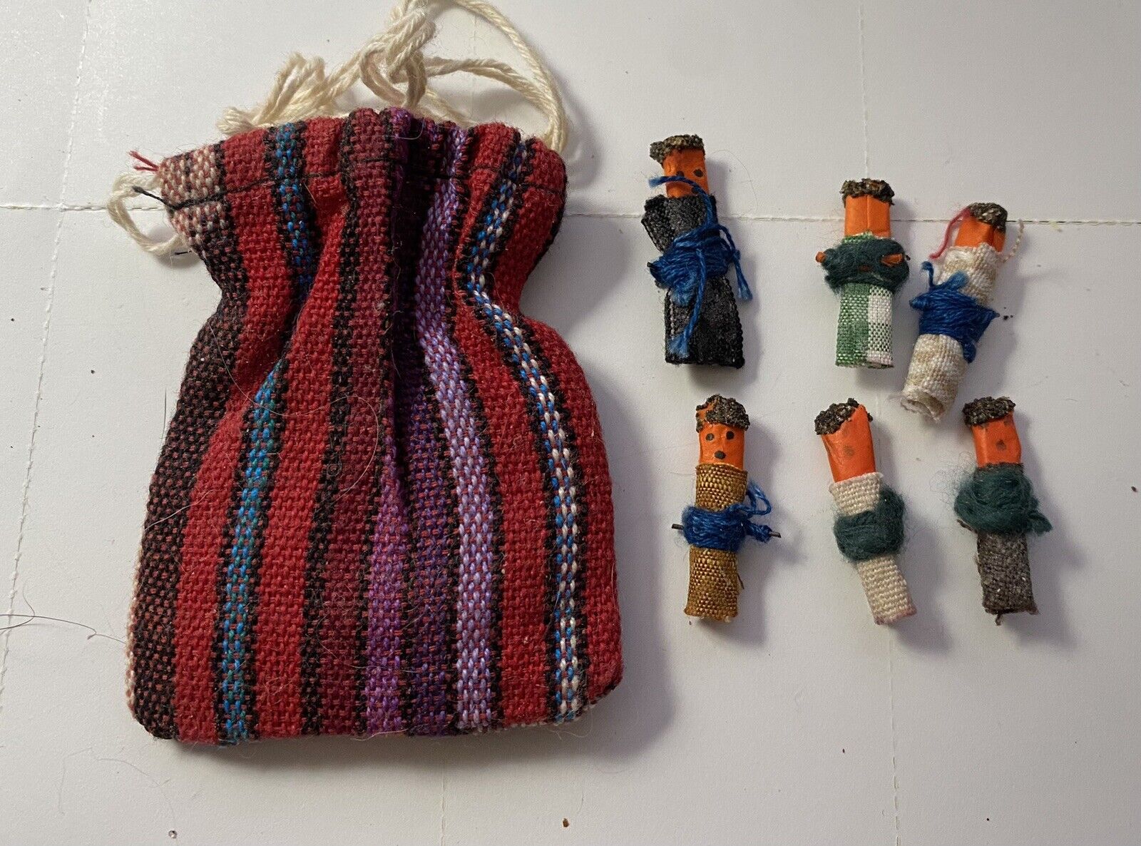 Lot of 6 Matchstick Worry Dolls Craft Folk Art Guatemalan With Bag