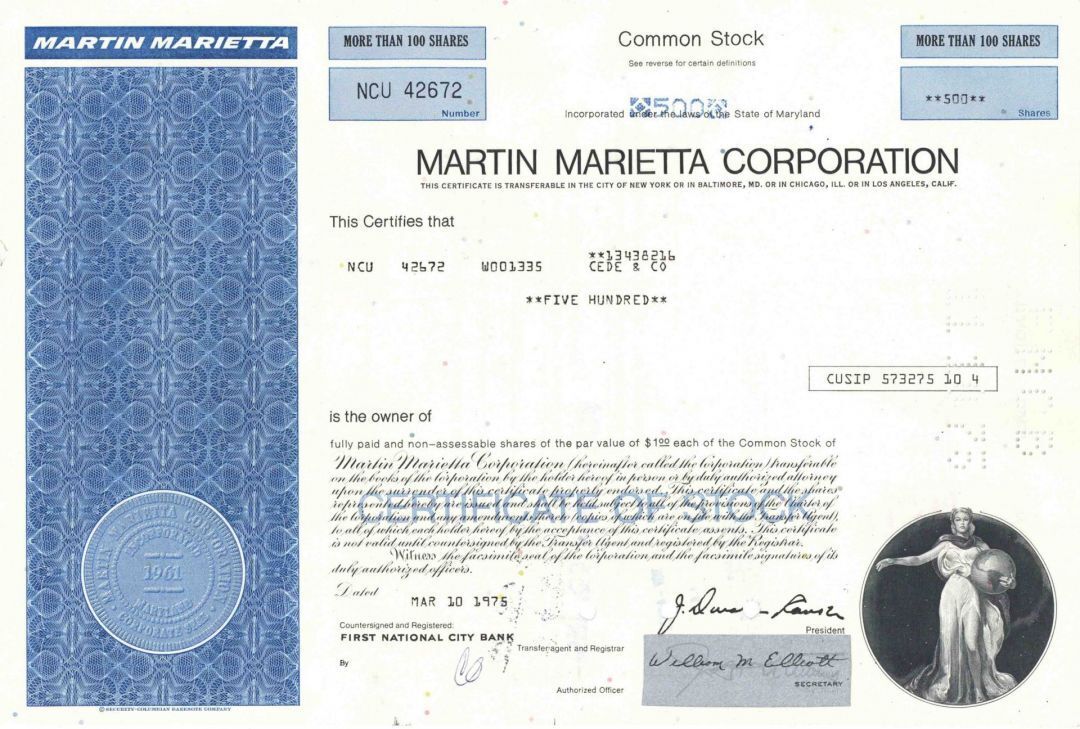 Martin Marietta Corp. - 1970\'s dated Aviation Stock Certificate - Merger of Glen