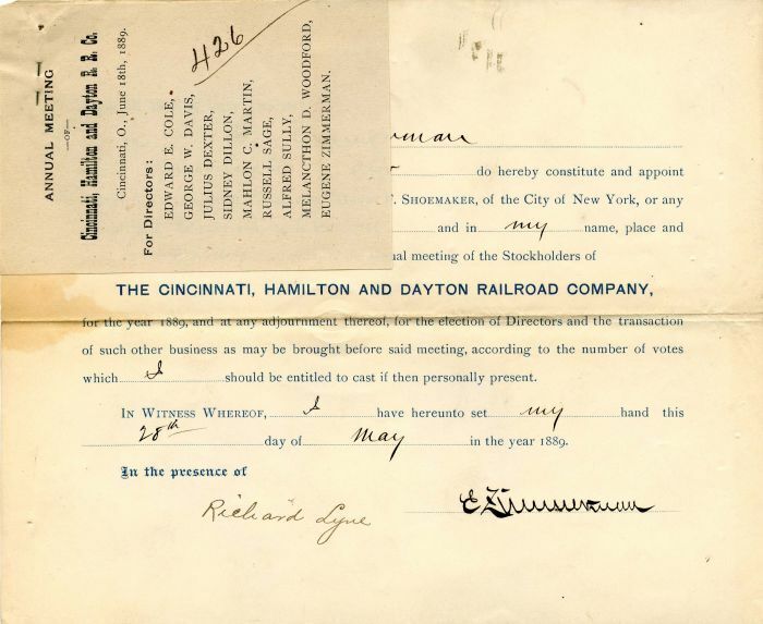 Cincinnati, Hamilton and Dayton Railroad Co. signed by Eugene Zimmerman - Stock 