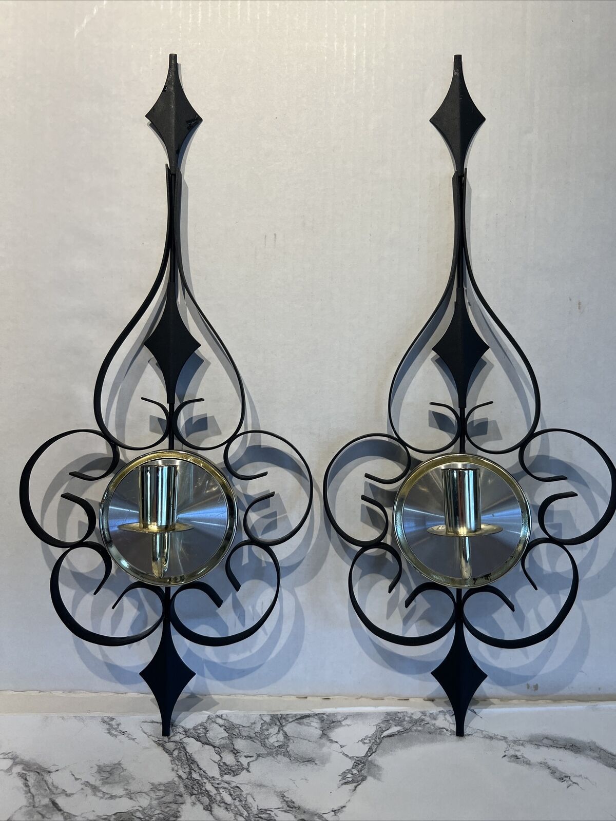 Vintage MCM Black Metal Scroll Gothic Wall Sconce 18” Spanish Revival Flaw**