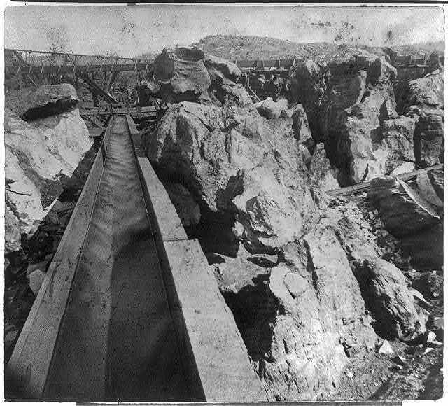 Placer mining,flume,boulders,Columbia,Tuolumne City,California,CA,1866