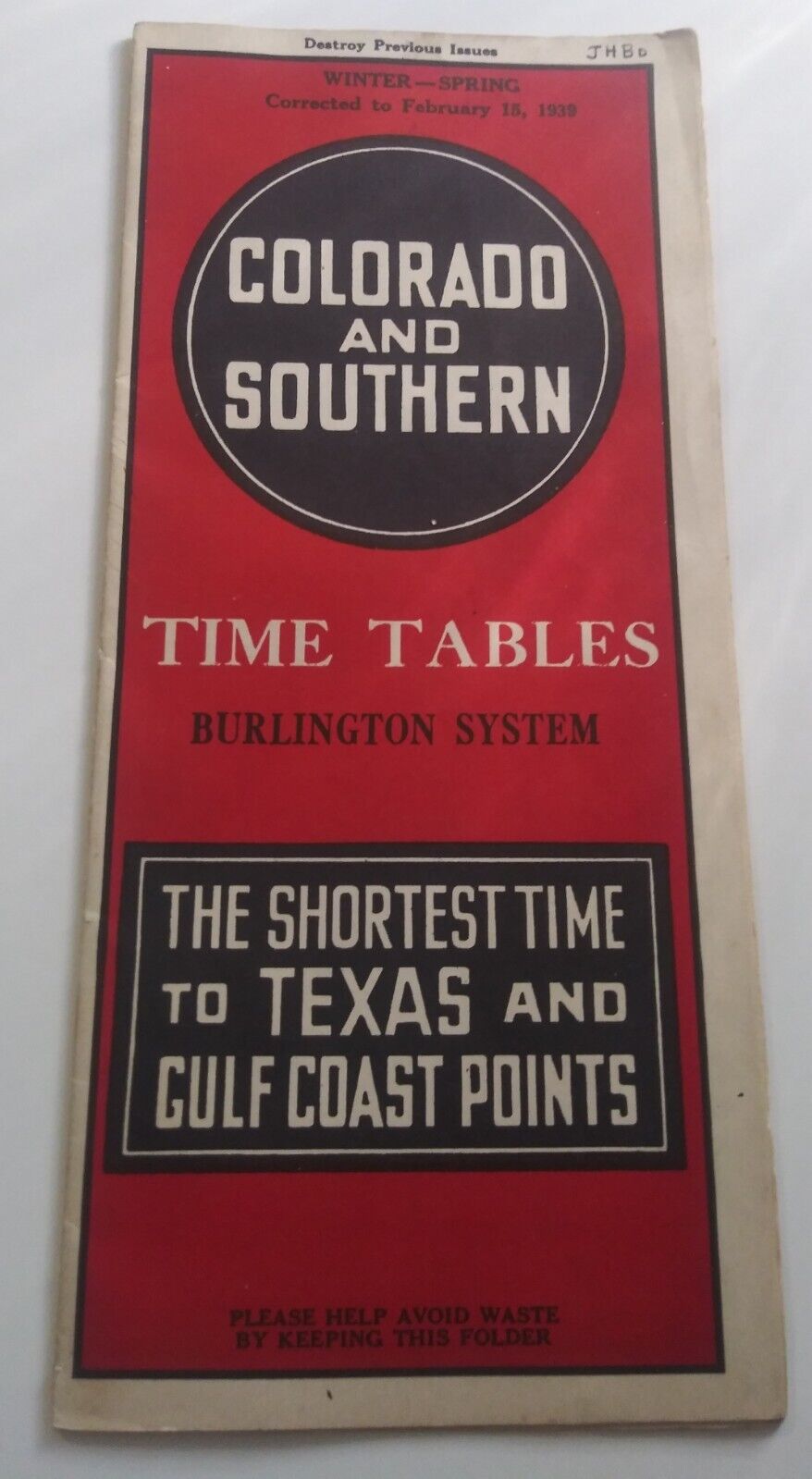 Train Railroad Timetable Schedule 1939 Colorado & Southern Railroad Burlington