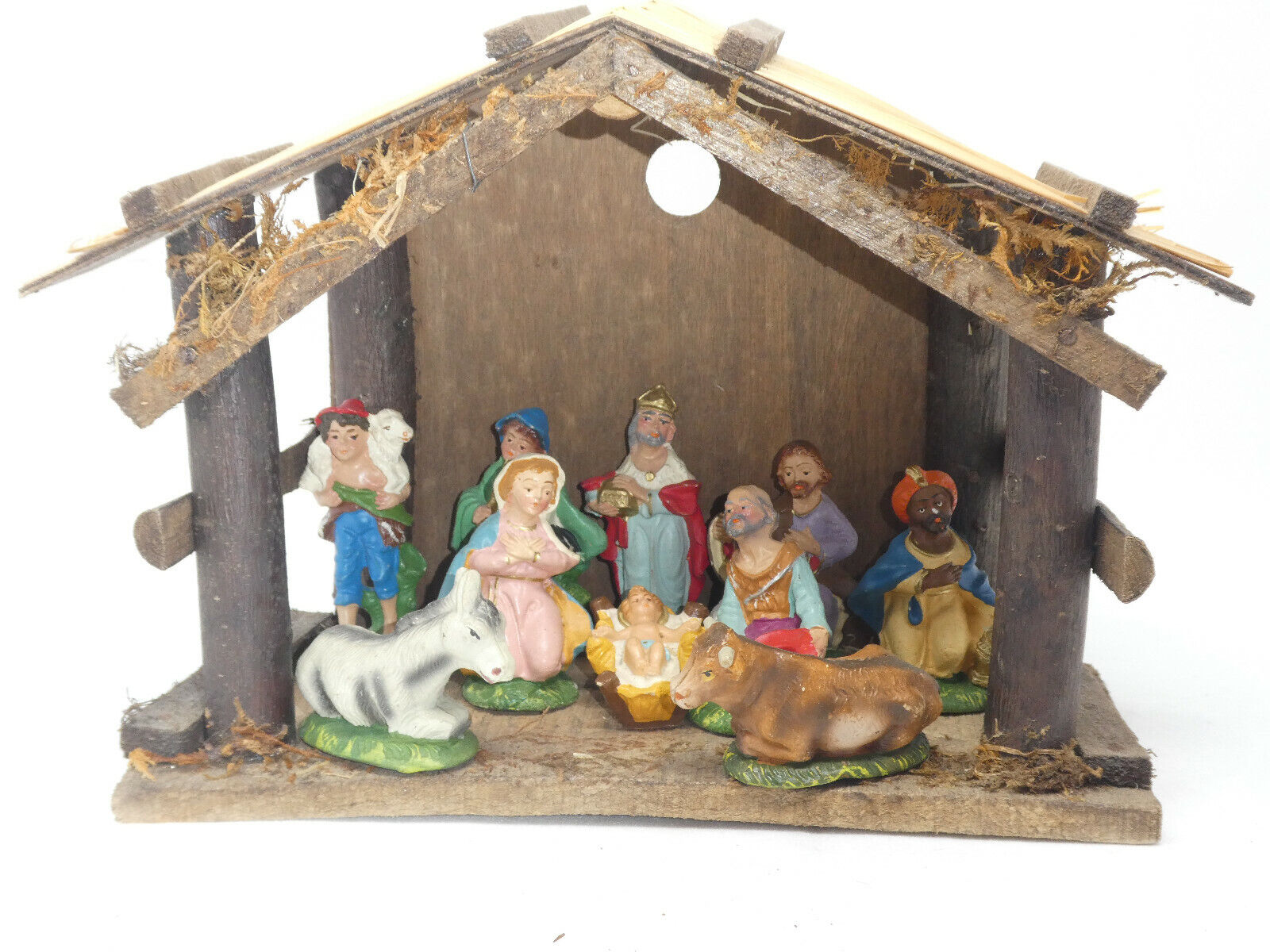 VINTAGE CHRISTMAS NATIVITY SET 10 PCS FIGURINES CHALKWARE & WOOD MADE IN ITALY