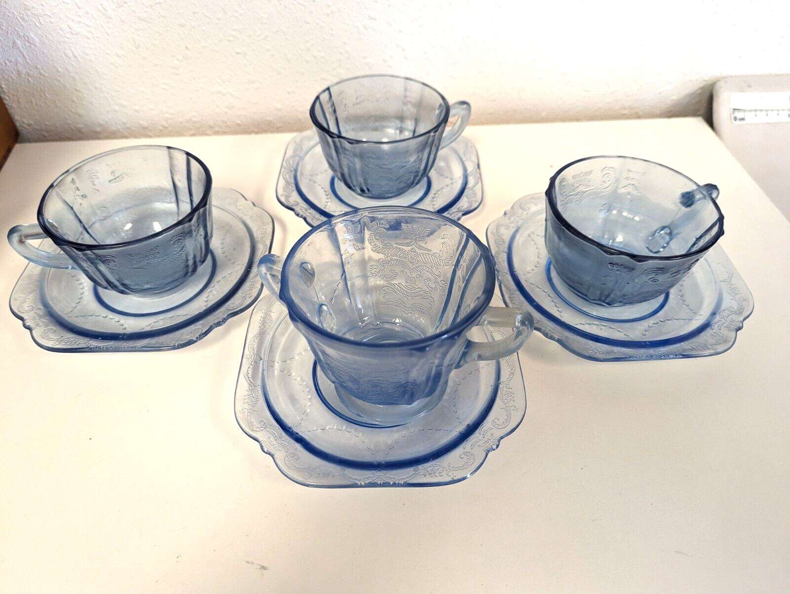 Vintage Blue Glass Tea Cups Saucers 3 Sets Open Sugar Blue Madrid Indiana Glass