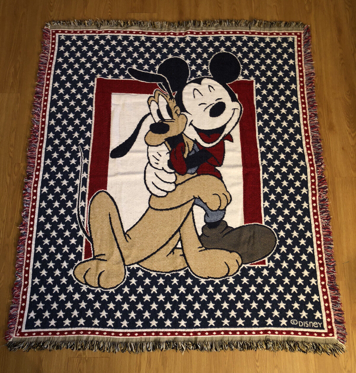 Vintage Beacon Disney Mickey Mouse & Pluto 58”x50” Woven Blanket Made In USA