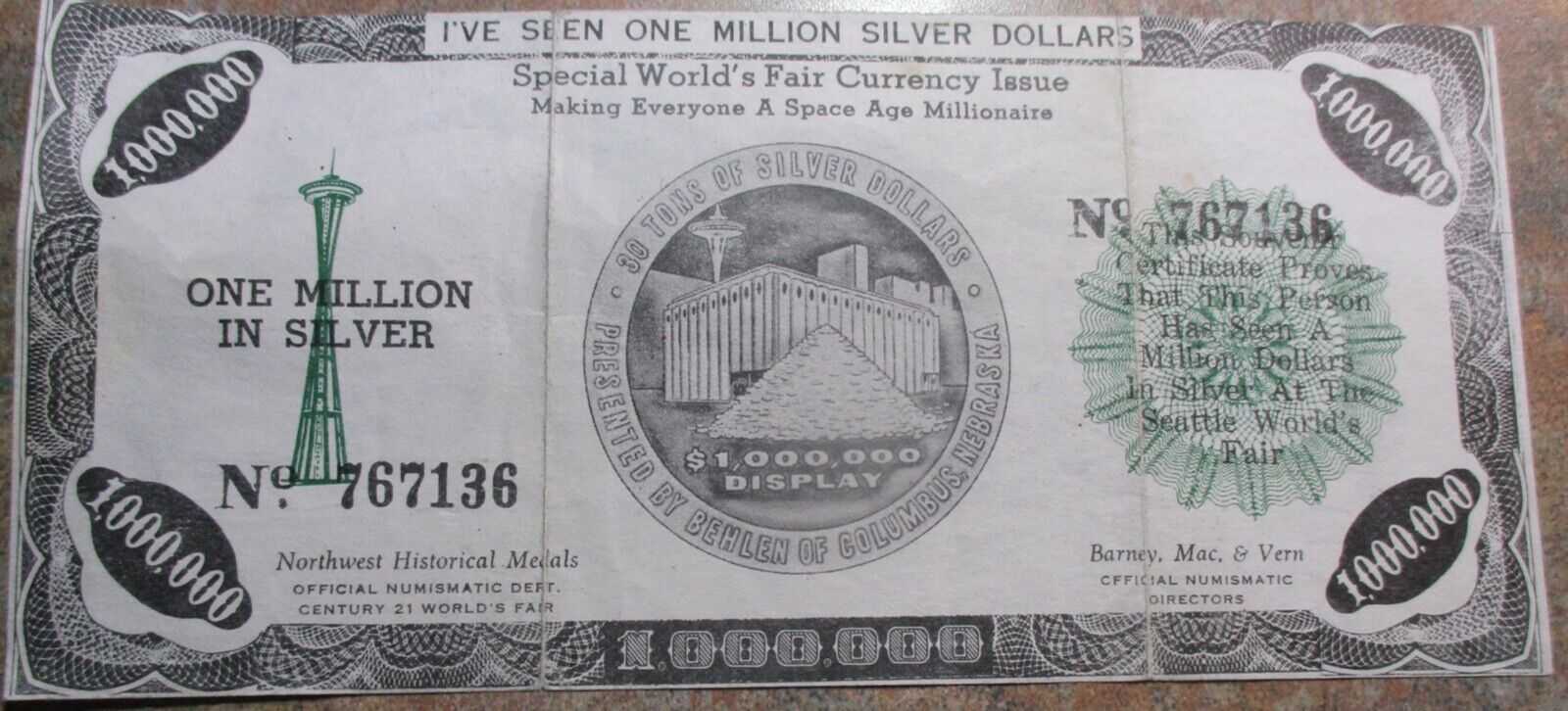 NEW COLLECTION 1962 SEATTLE WORLD\'S FAIR VERY RARE MILLION DOLLAR BILL