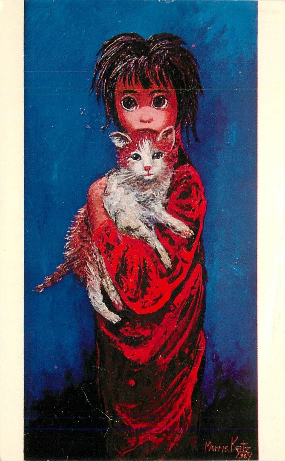Postcard 1964 Morris Katz Child holding cat oil painting undivided 22-14350