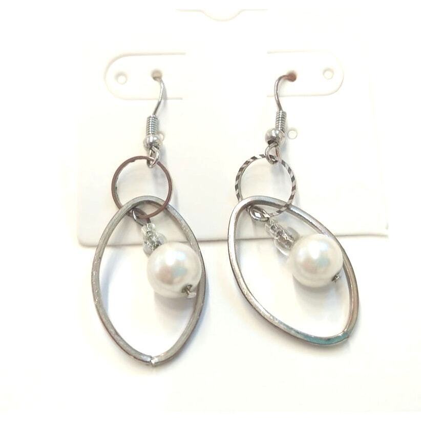 Vintage Faux Pearl Double Circle Dangle Drop Earrings Silver Plated Hook