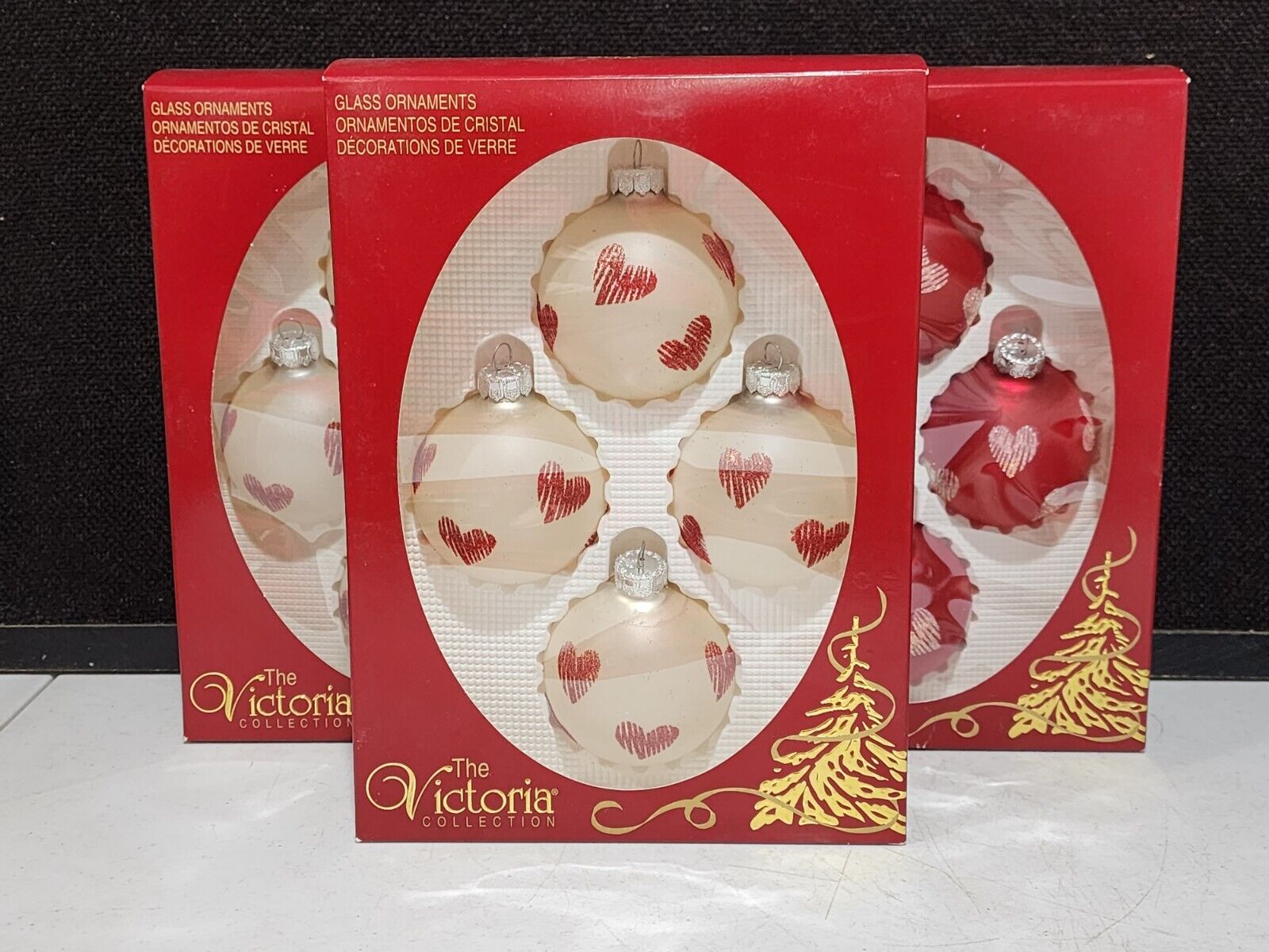3 BOXES NOS -Vintage 12 Christmas Ornaments Red Glass Ball Heart Stencil Glitter