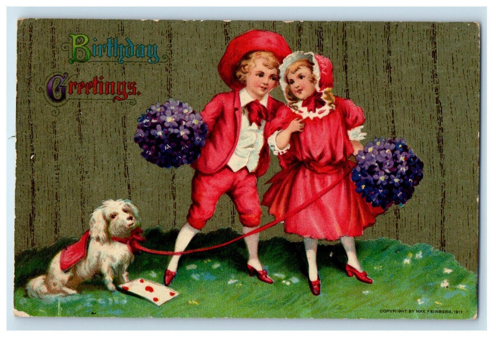 c1910's Birthday Greetings Girl Boy And Dog Heart Card Pansies Flowers Postcard
