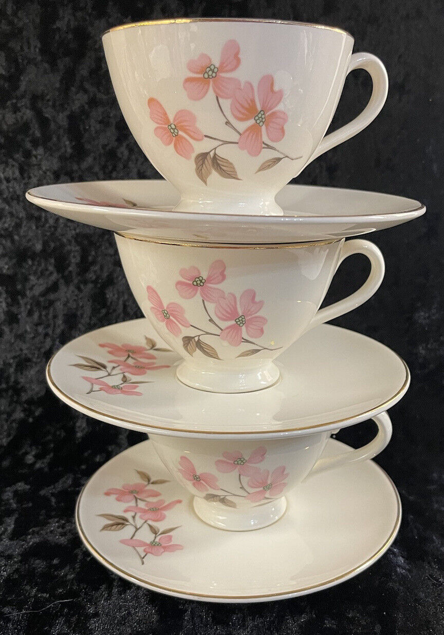Vtg Edwin Knowles Pink Dogwood 3 Cups And 3 Saucers Gold Trim Nice