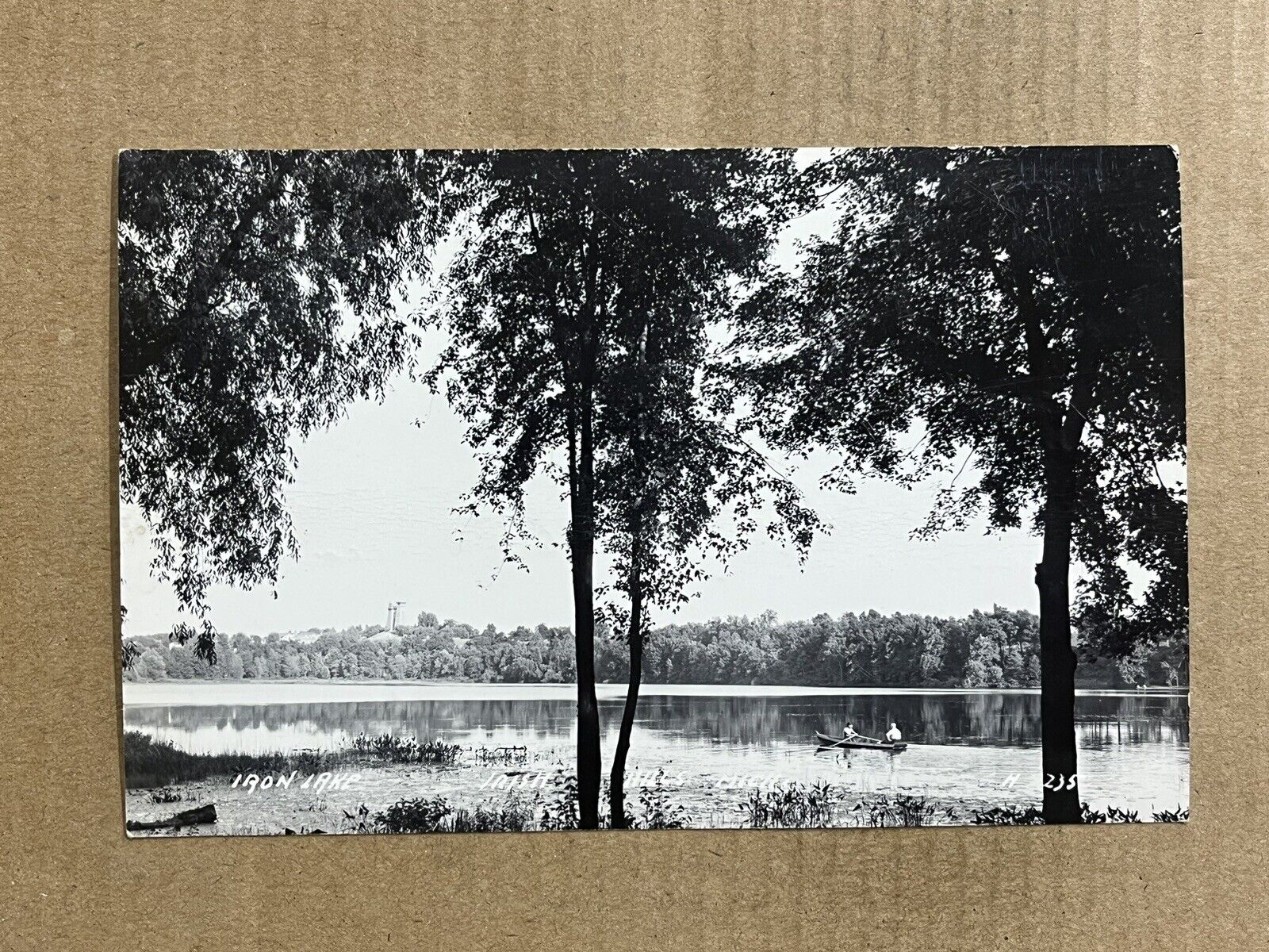 Postcard RPPC Onsted MI Michigan Iron Lake Irish Hills Towers in Background Boat